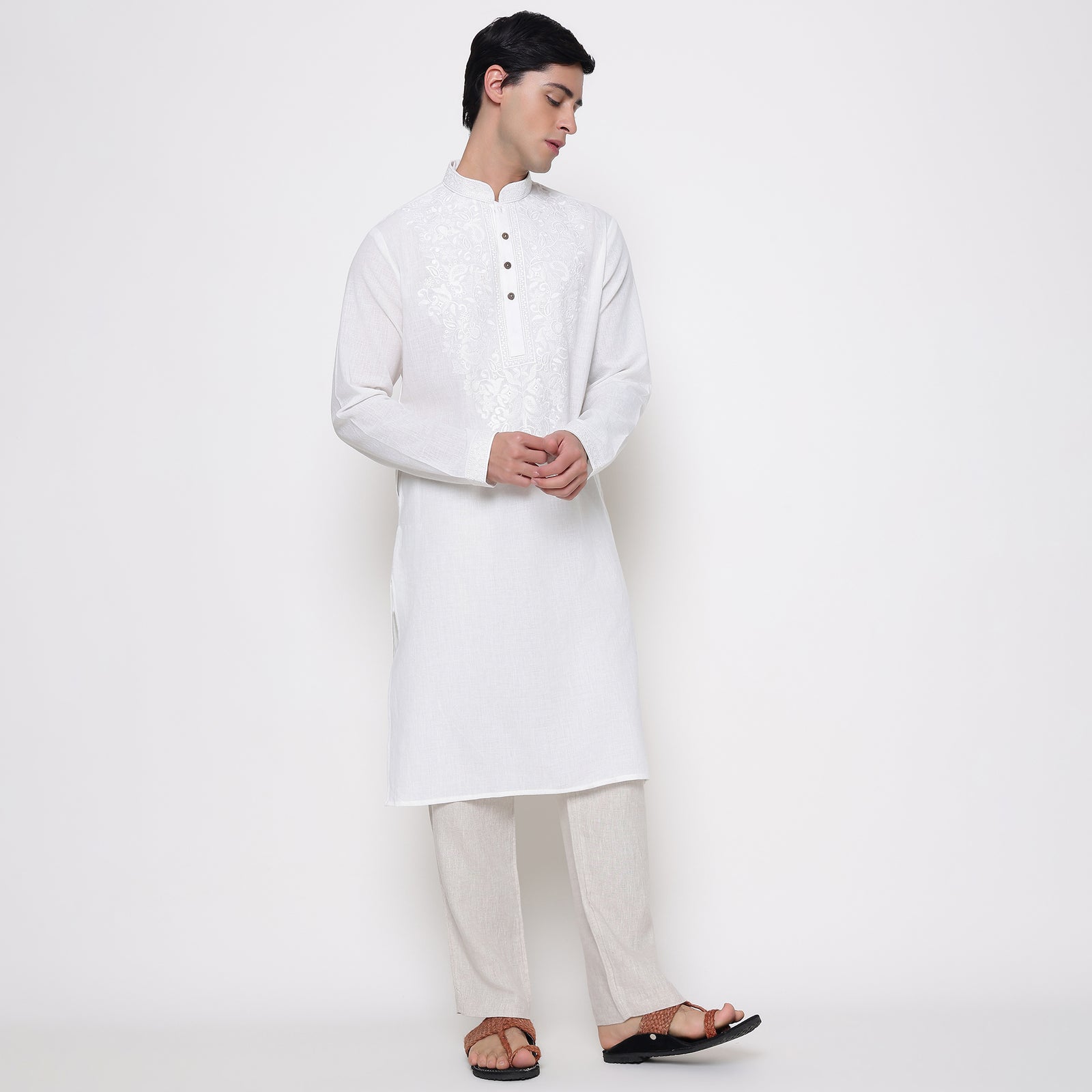 Men Embroidered Regular Fit 100% Kora Cotton Kurta Pyjama Set | White