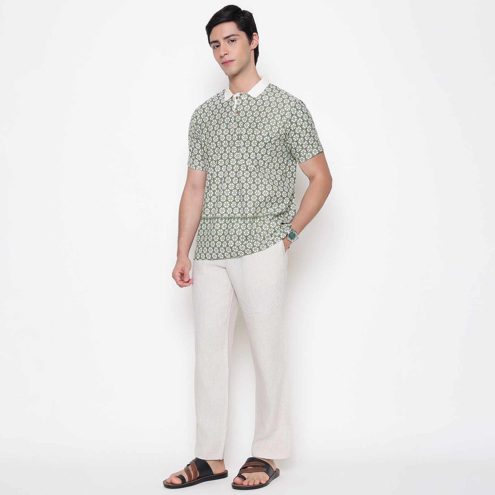 Men Printed 100% Kora Cotton Polo T-shirt | Regular Fit | Green White