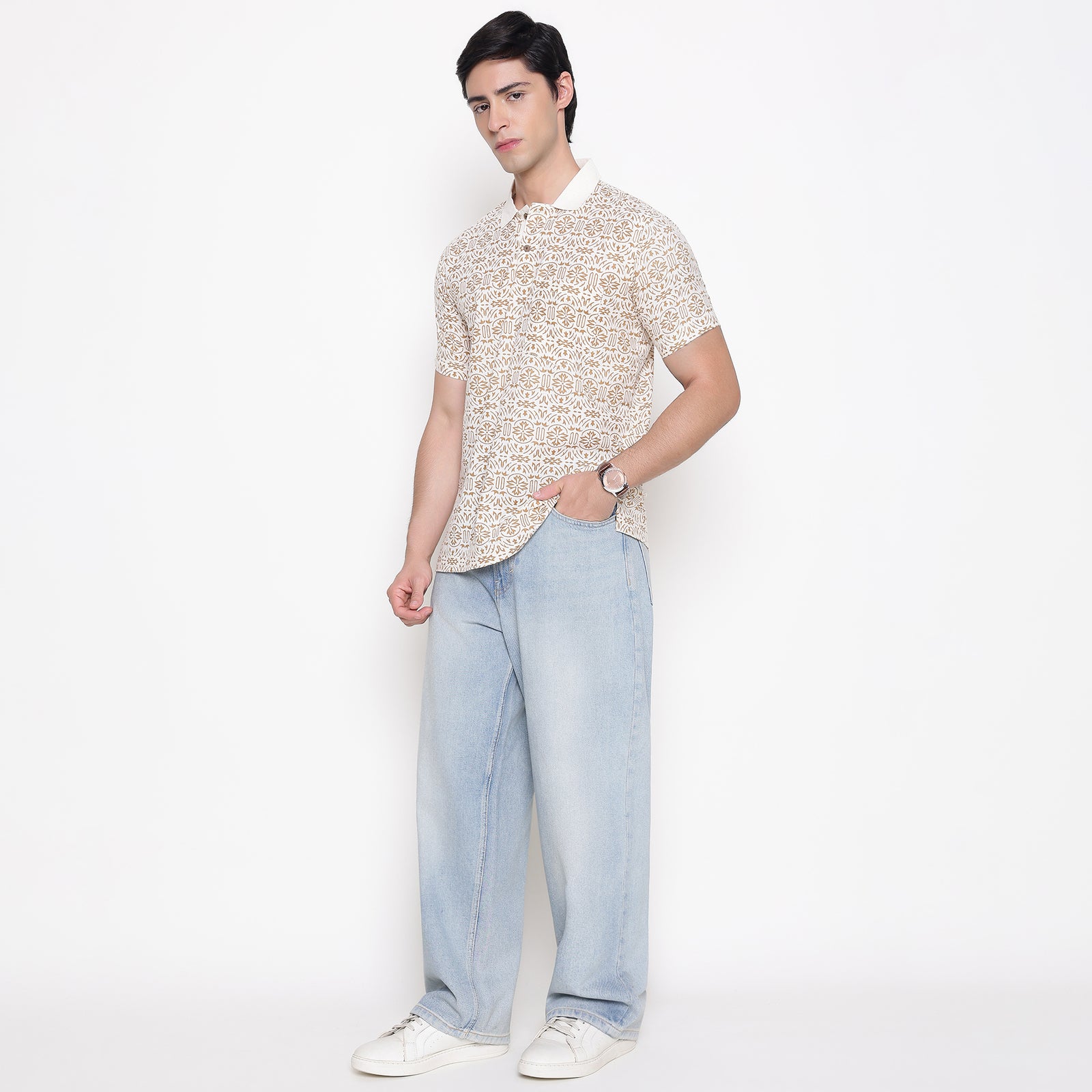 Men Printed 100% Kora Cotton Polo T-shirt | Regular Fit | Beige