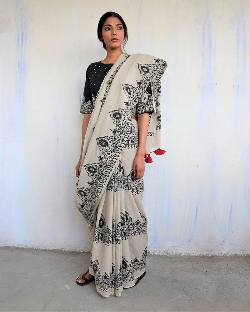 Ivory Black Block Printed Cotton Mul Saree - God