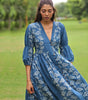 Blue Floral Block Printed Front Slit Cotton Dress-Mon