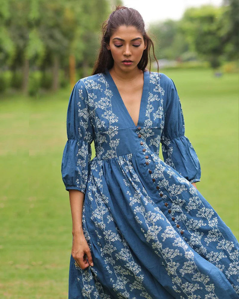 Blue Floral Block Printed Front Slit Cotton Dress-Mon