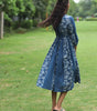 Blue Floral Block Printed Front Slit Cotton Dress-Mon