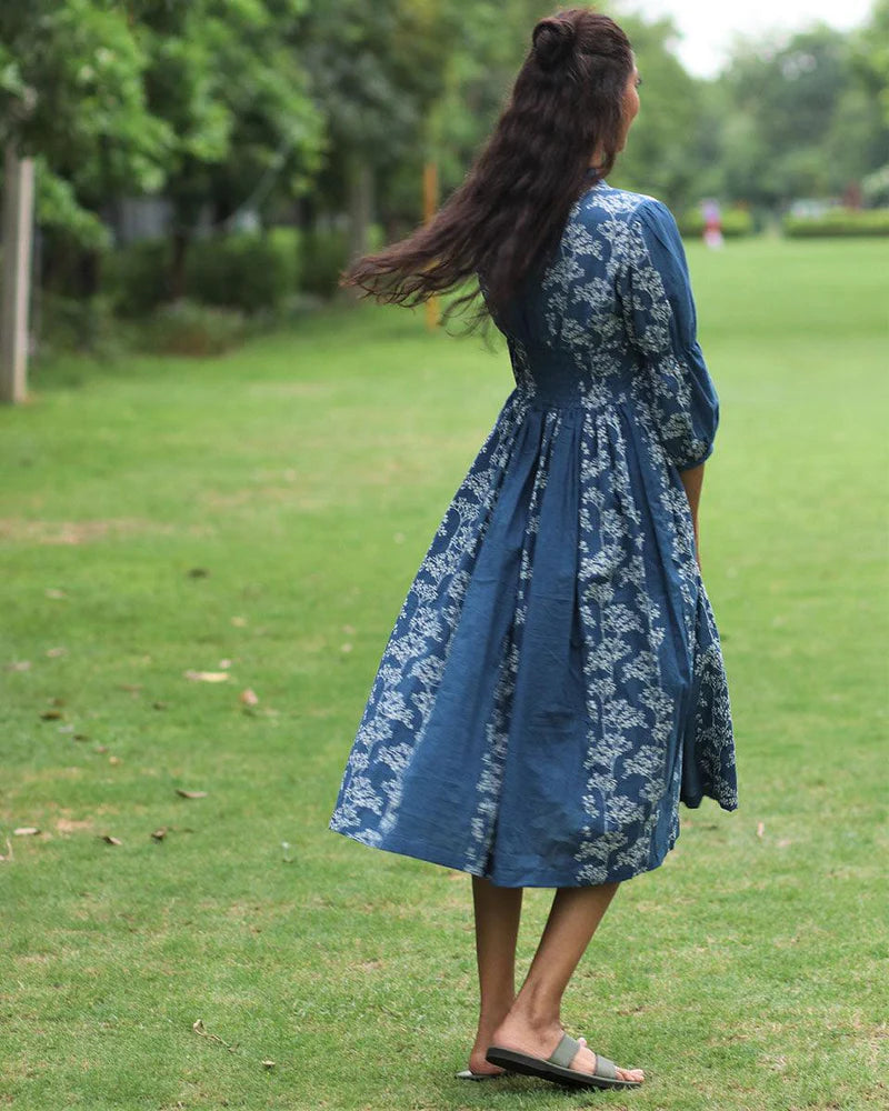 Blue Floral Block Printed Front Slit Cotton Dress-Mon