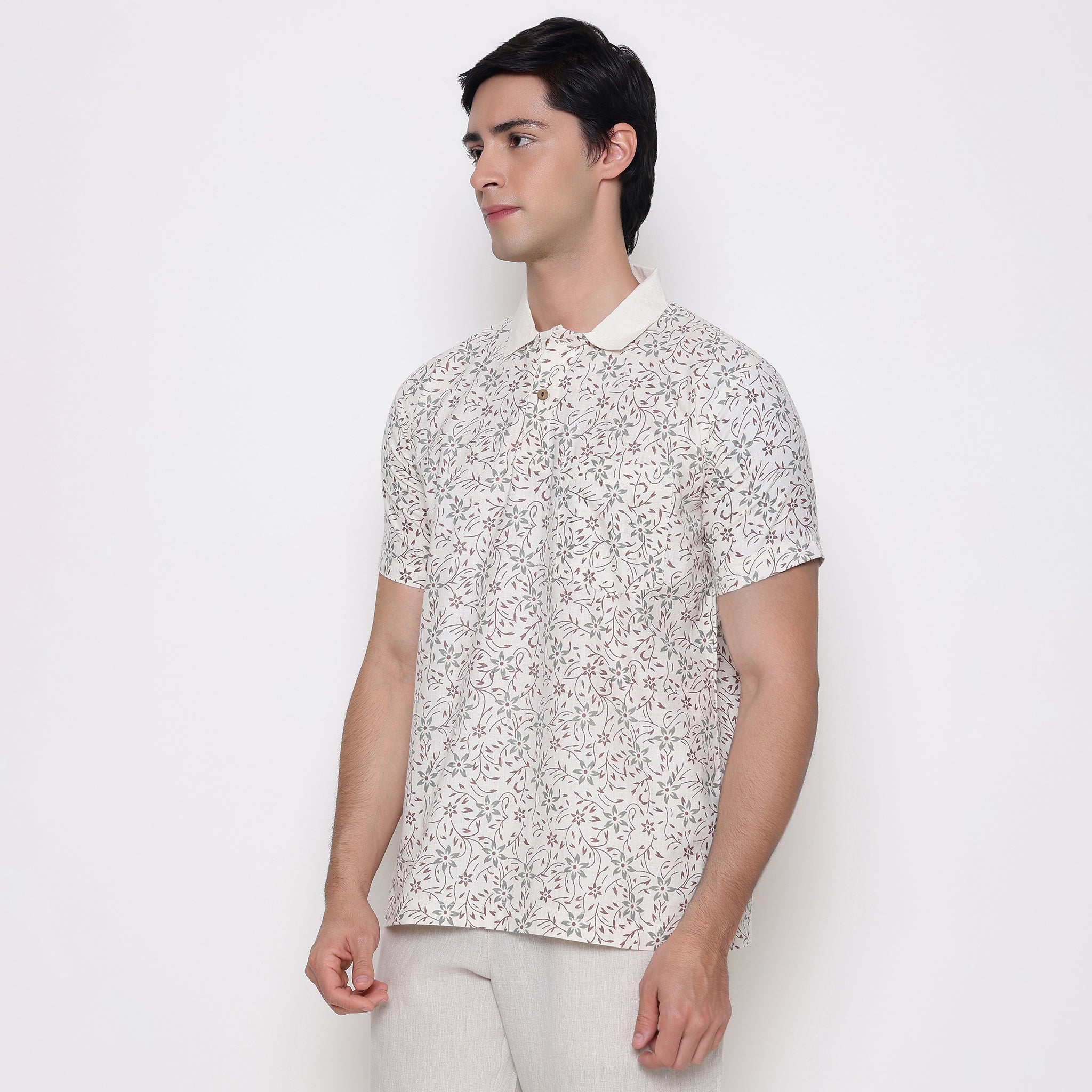 Men Printed 100% Kora Cotton Polo T-shirt | Regular Fit | White