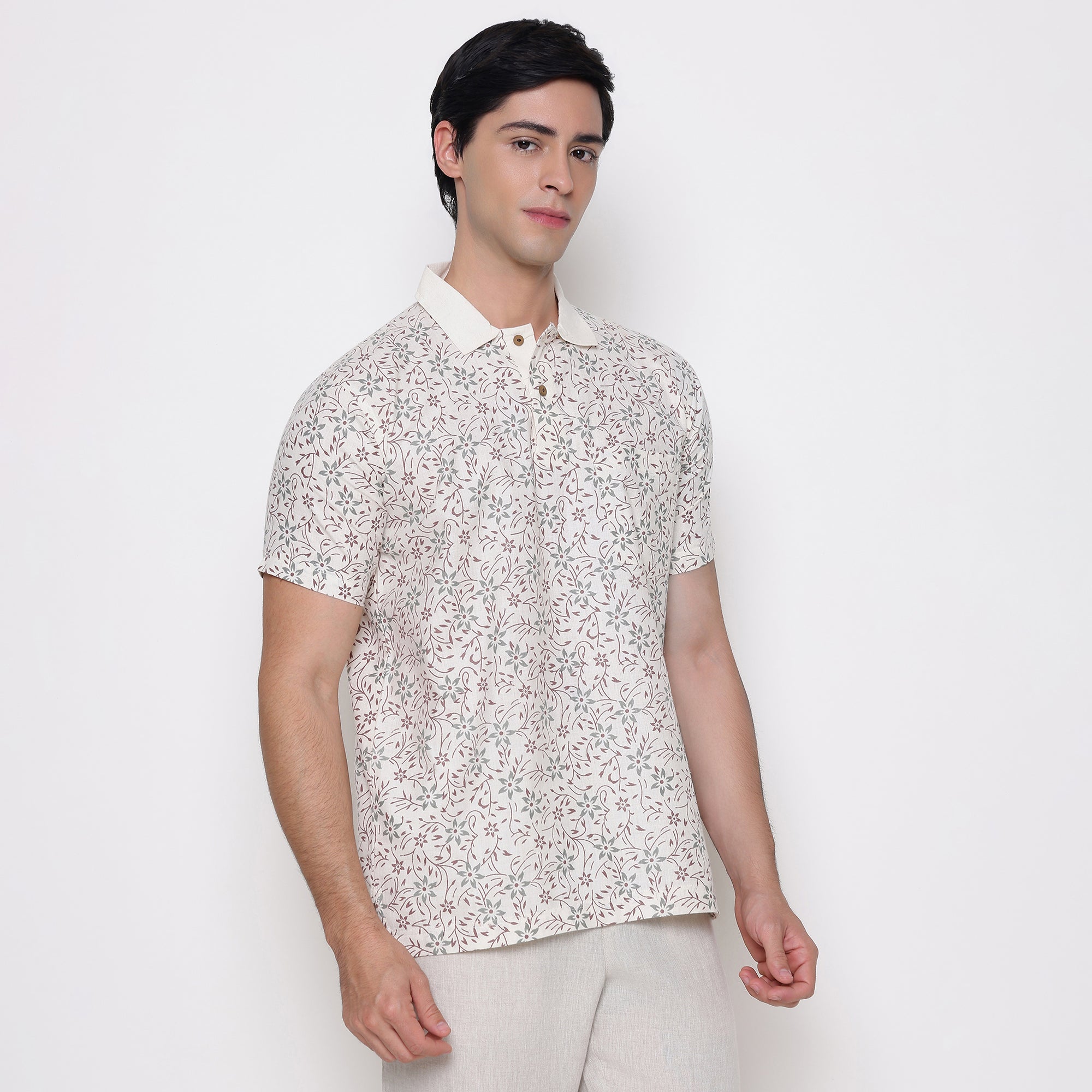 Men Printed 100% Kora Cotton Polo T-shirt | Regular Fit | White