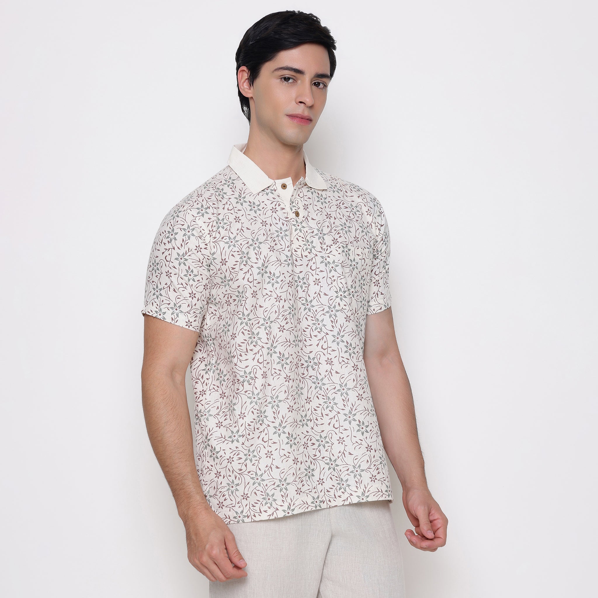 Men Printed 100% Kora Cotton Polo T-shirt | Regular Fit | White