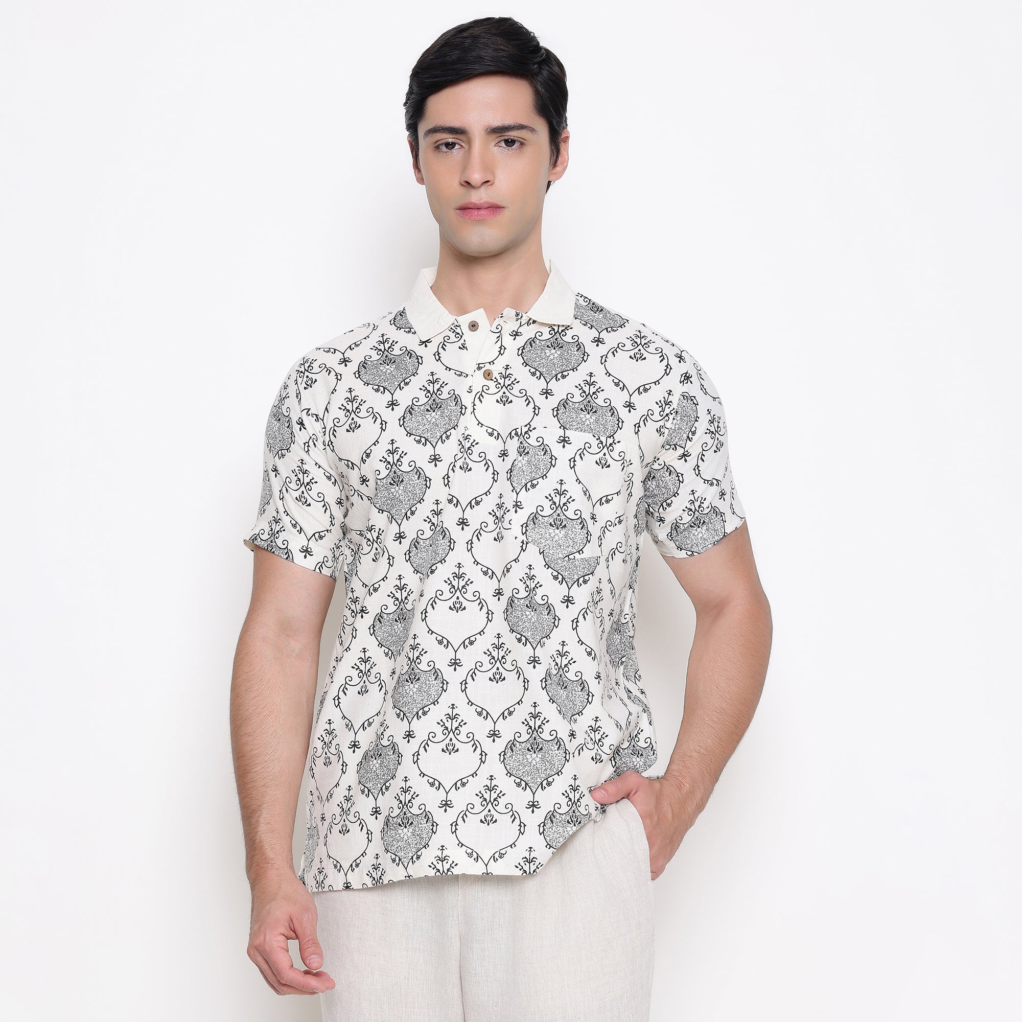 Men Printed 100% Kora Cotton Polo T-shirt | Regular Fit | Black