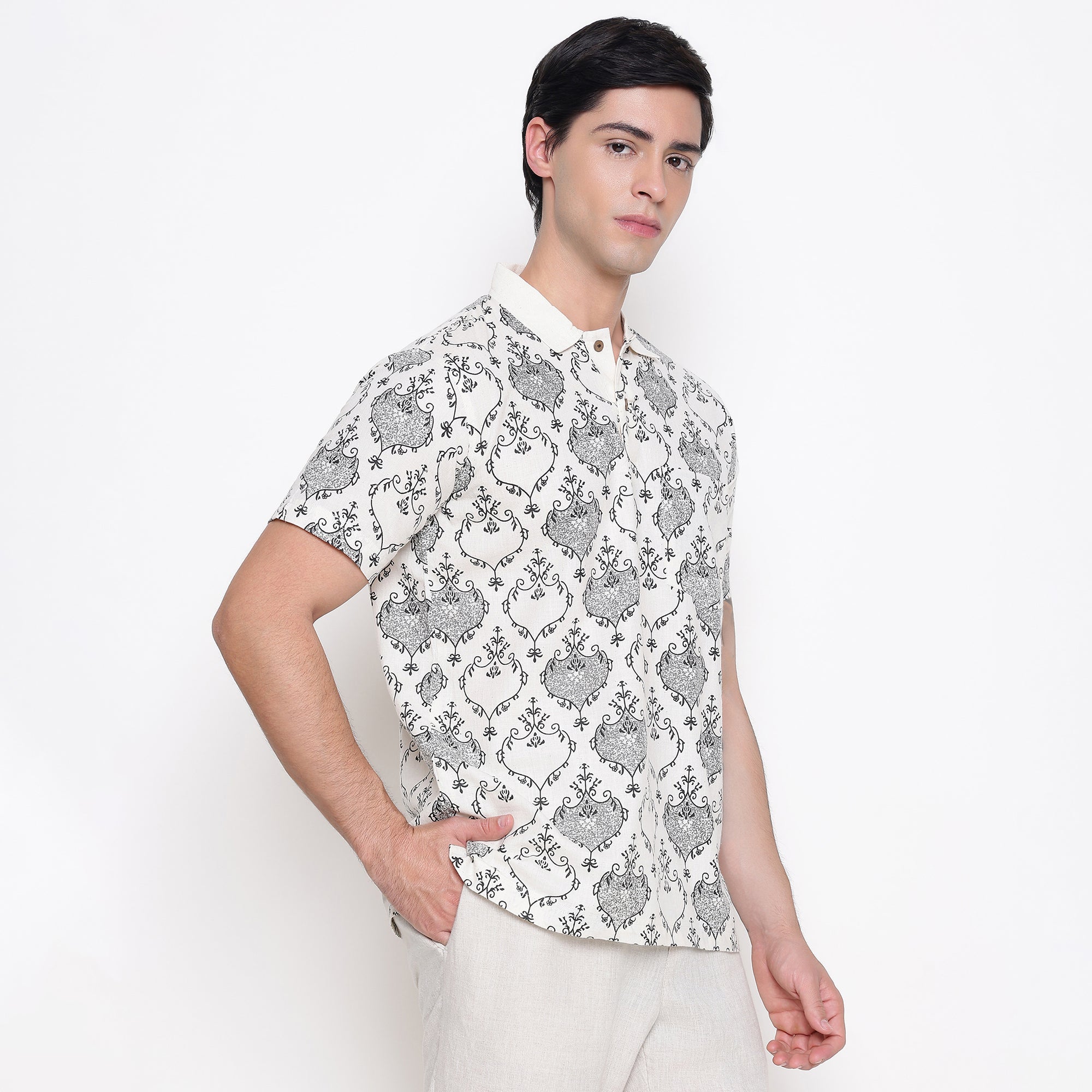 Men Printed 100% Kora Cotton Polo T-shirt | Regular Fit | Black