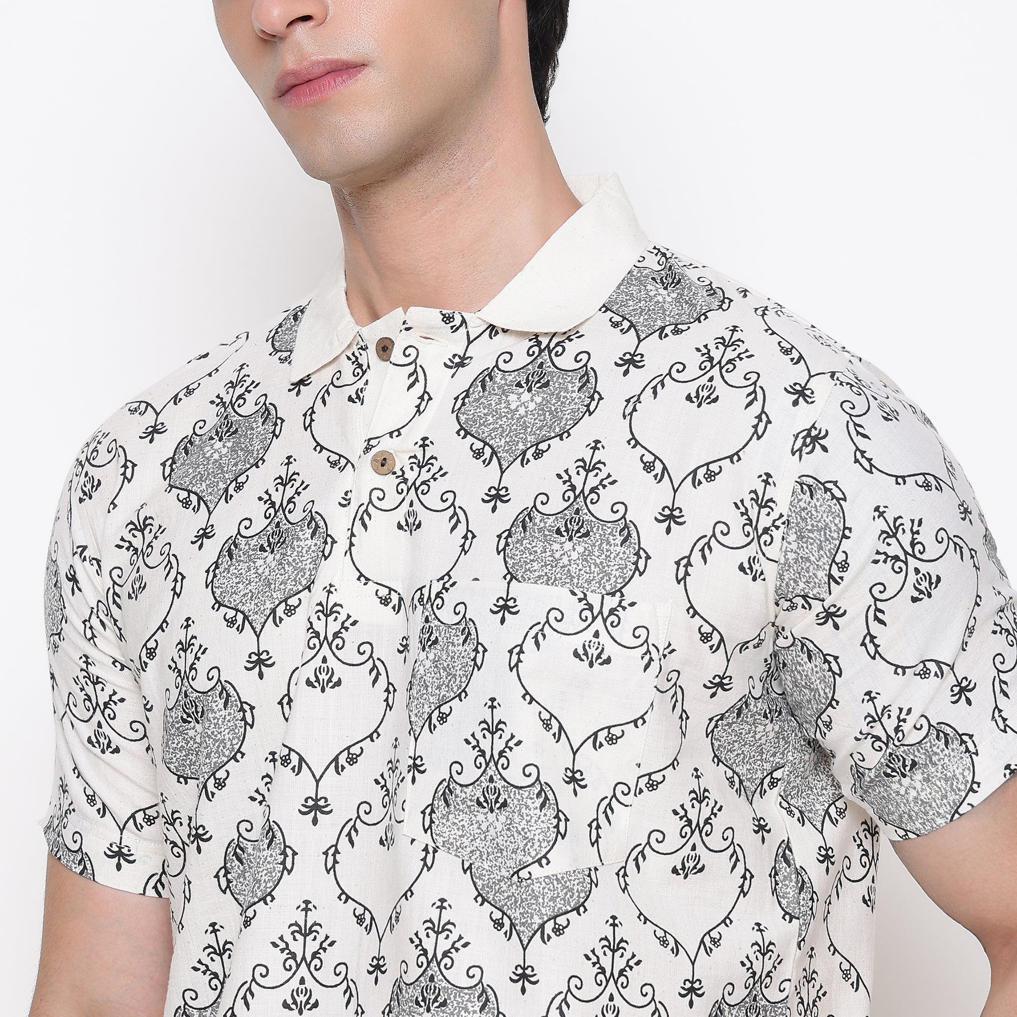 Men Printed 100% Kora Cotton Polo T-shirt | Regular Fit | Black