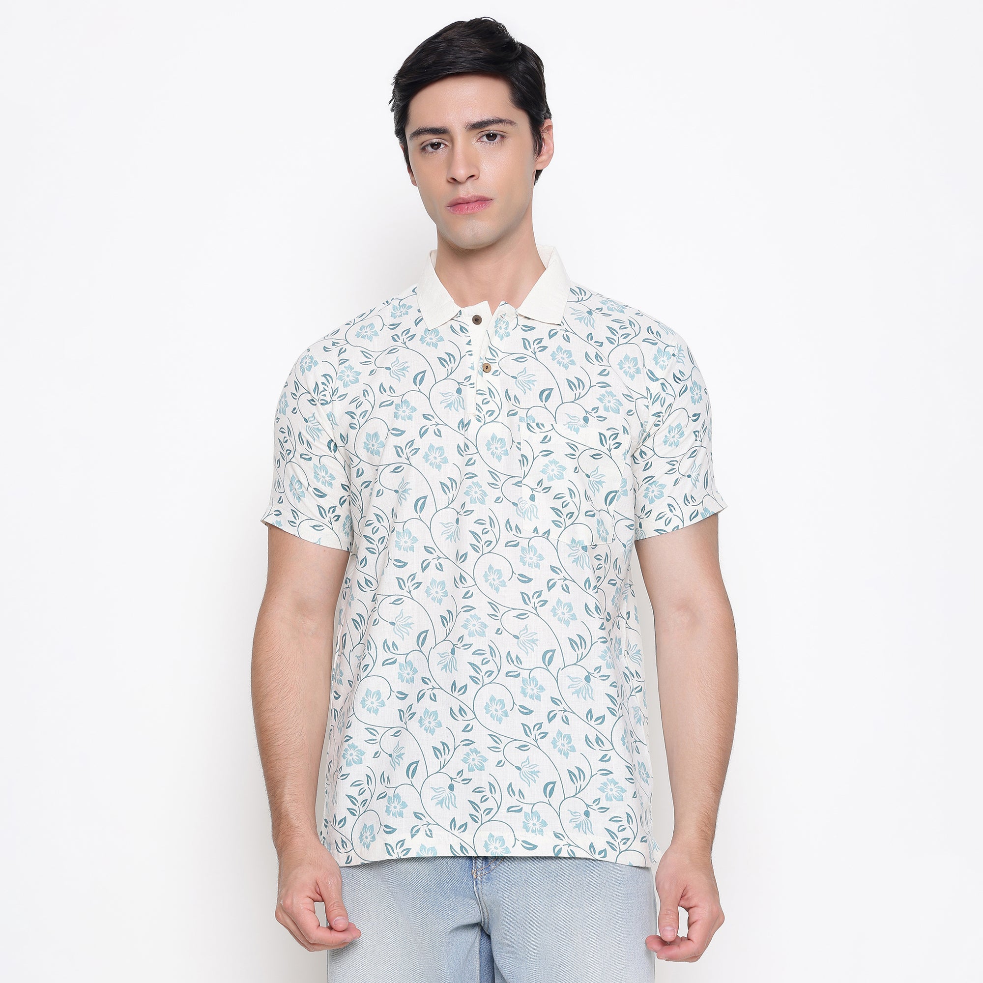 Men Printed 100% Kora Cotton Polo T-shirt | Regular Fit | Green Printed