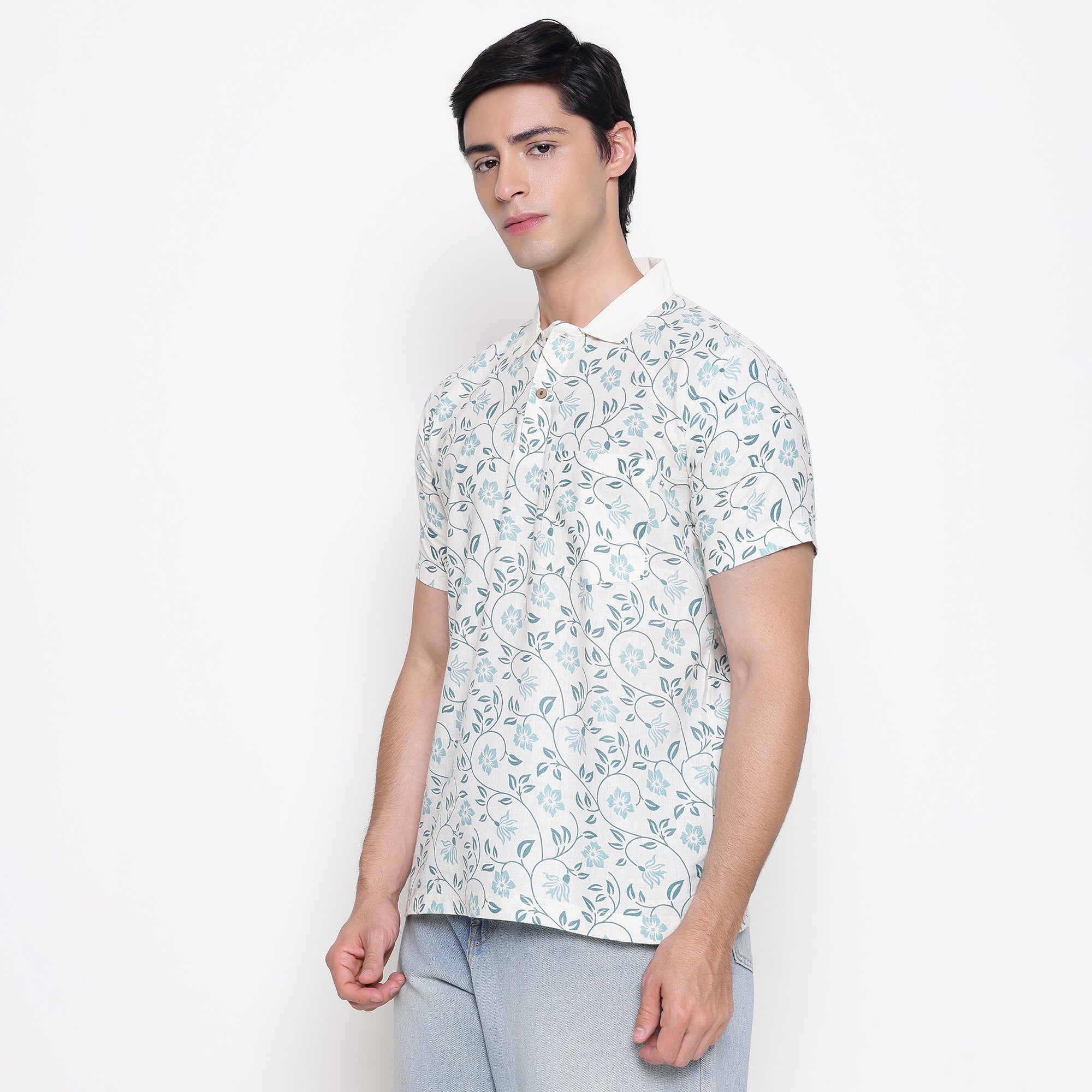 Men Printed 100% Kora Cotton Polo T-shirt | Regular Fit | Green Printed