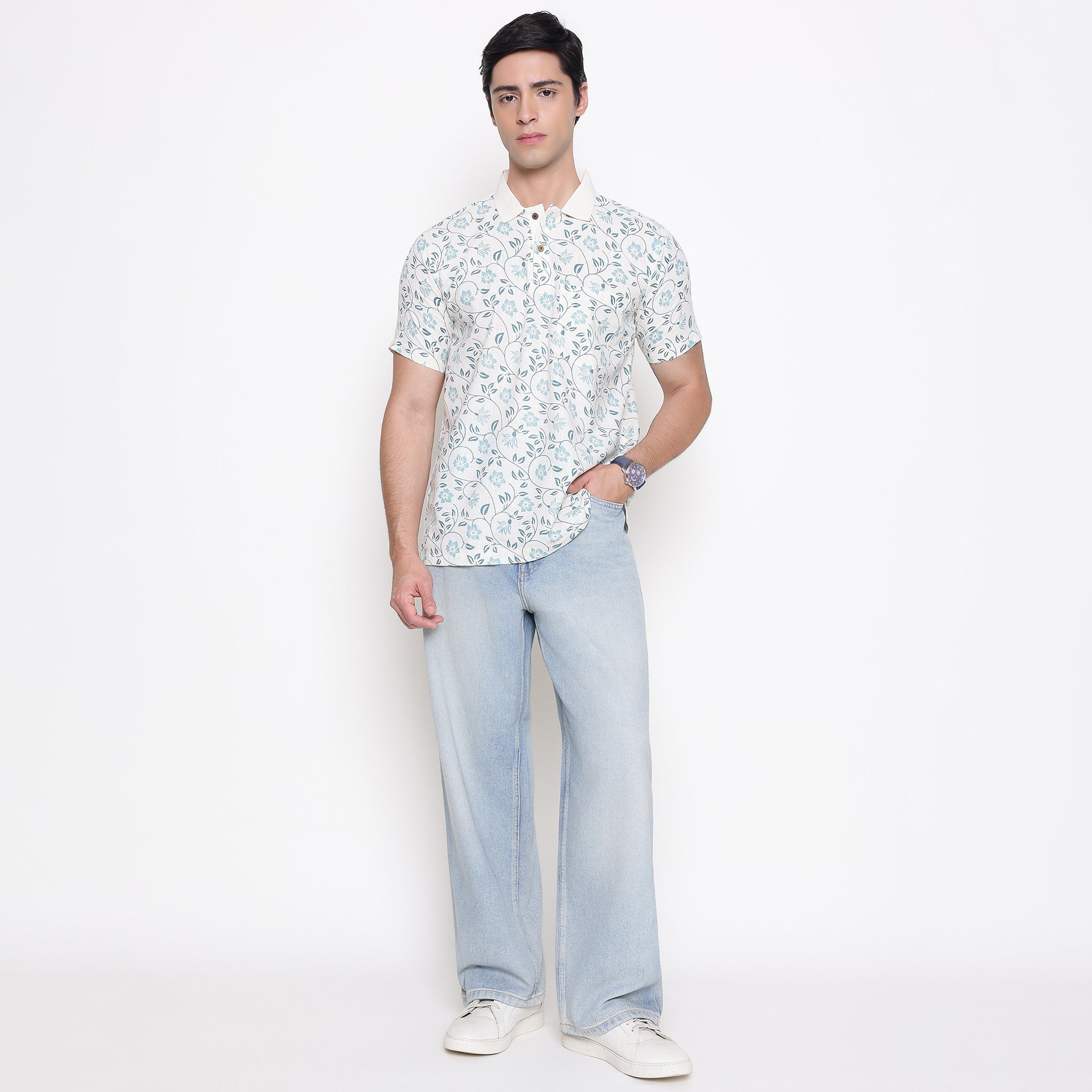 Men Printed 100% Kora Cotton Polo T-shirt | Regular Fit | Green Printed