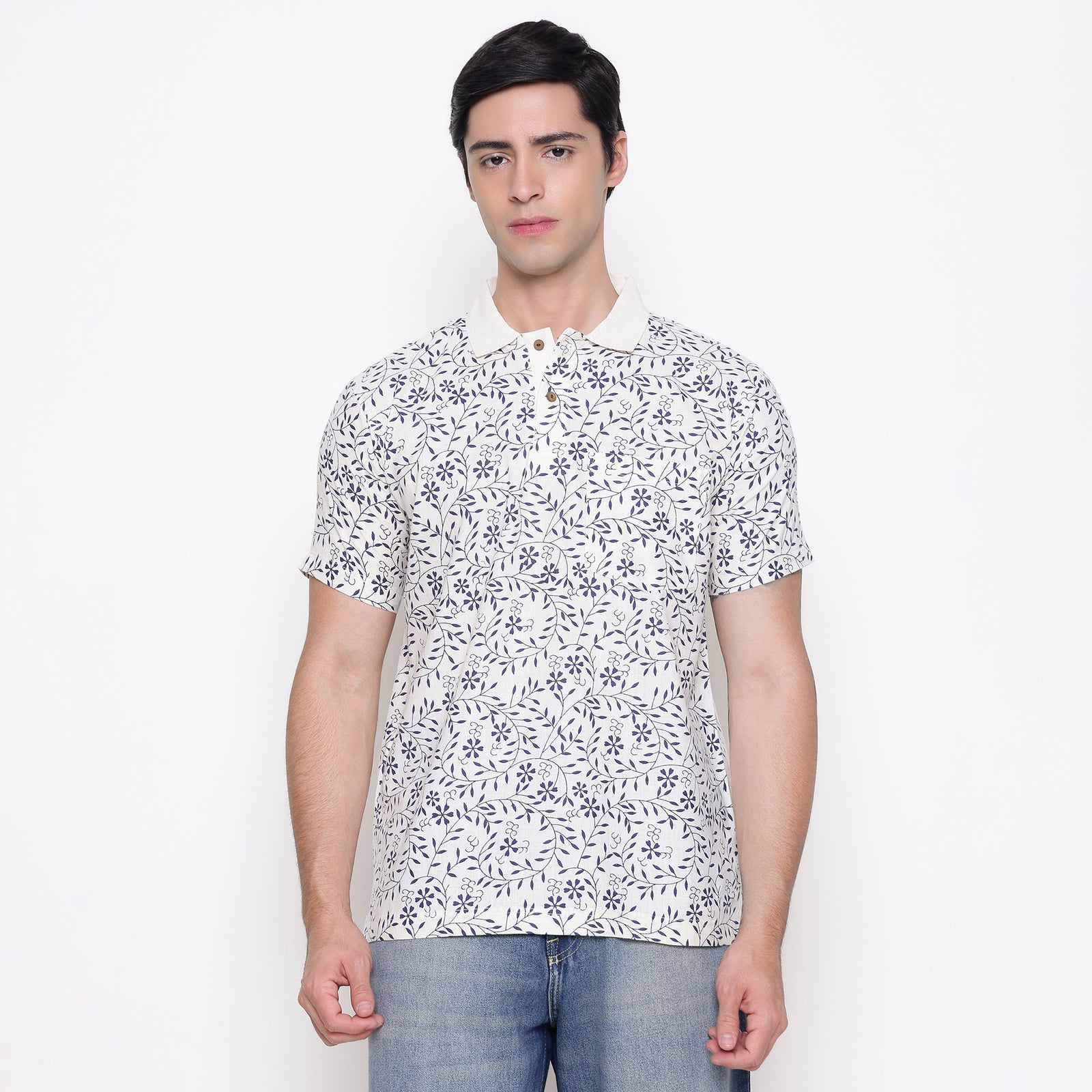 Men Printed 100% Kora Cotton Polo T-shirt | Regular Fit | Blue Printed