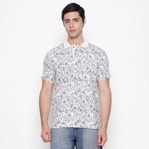 Men Printed 100% Kora Cotton Polo T-shirt | Regular Fit | Blue Printed