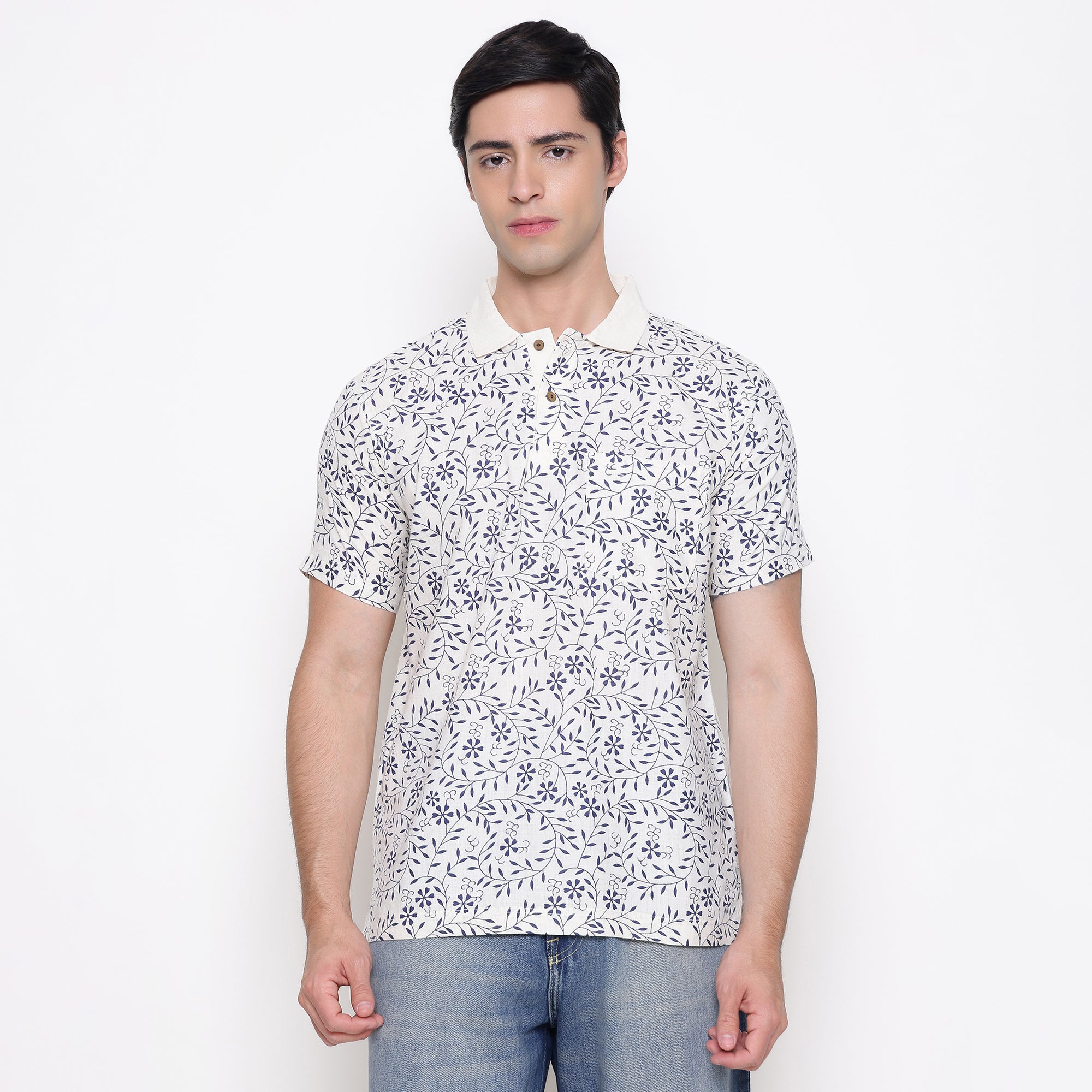 Men Printed 100% Kora Cotton Polo T-shirt | Regular Fit | Blue Printed