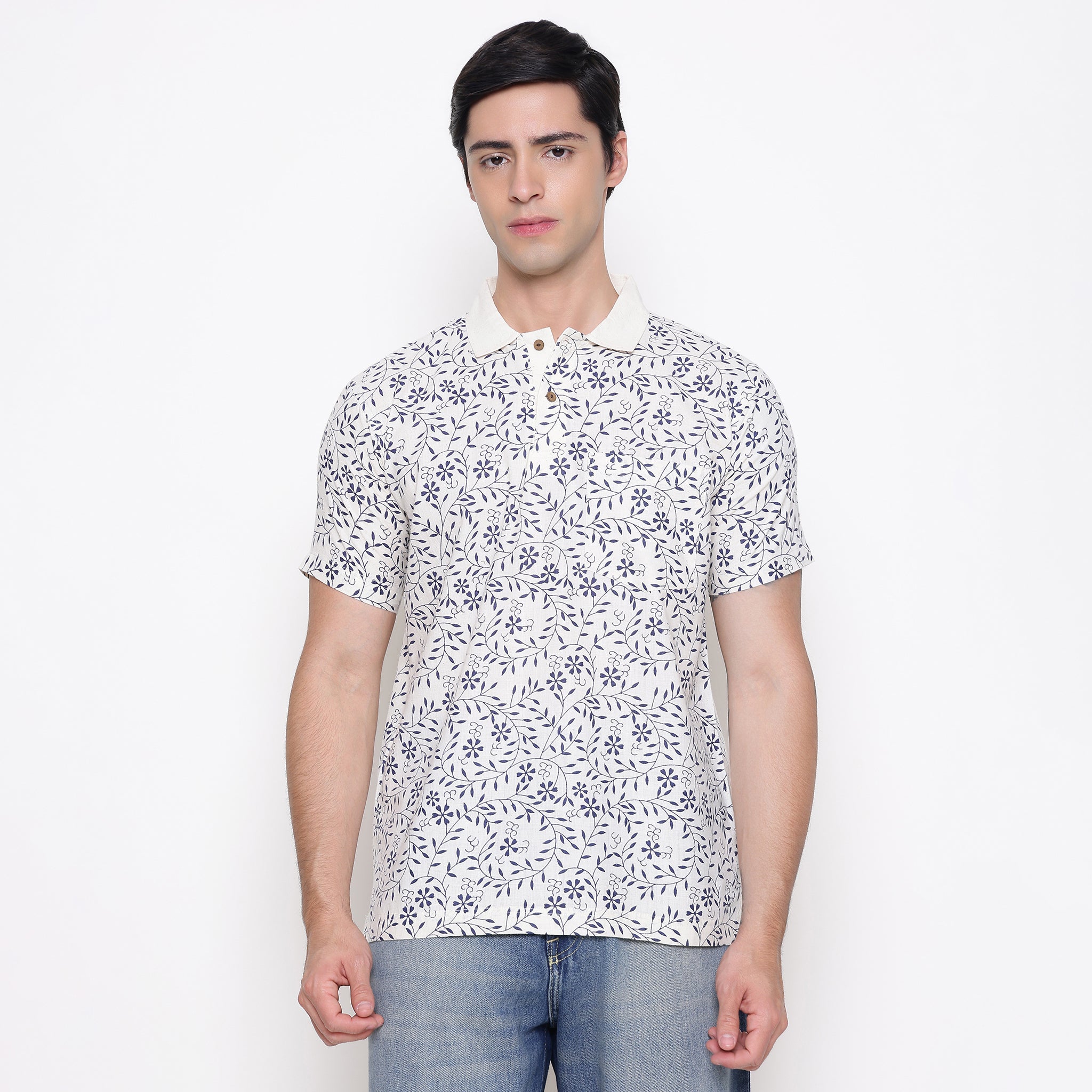 Men Printed 100% Kora Cotton Polo T-shirt | Regular Fit | Blue Printed