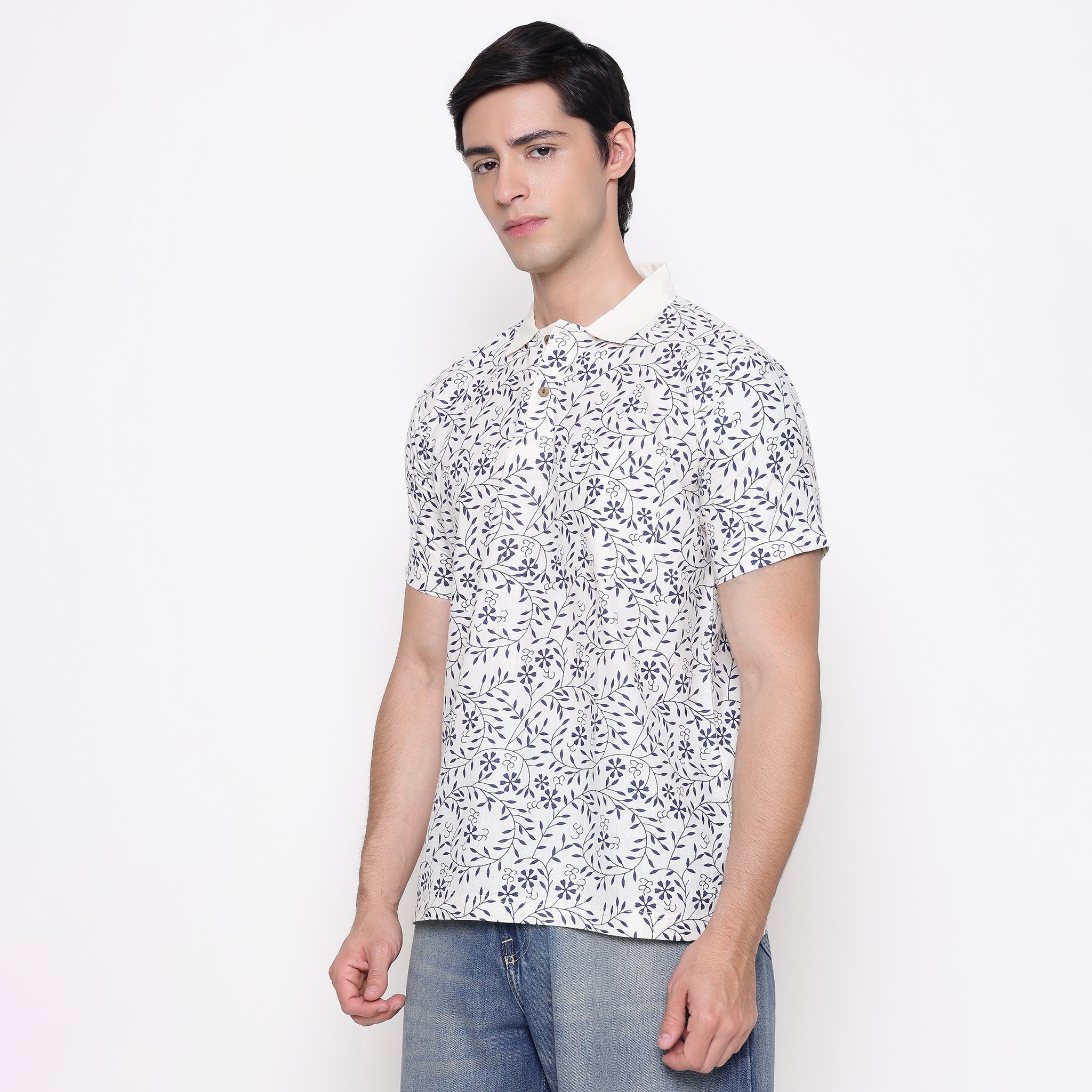 Men Printed 100% Kora Cotton Polo T-shirt | Regular Fit | Blue Printed