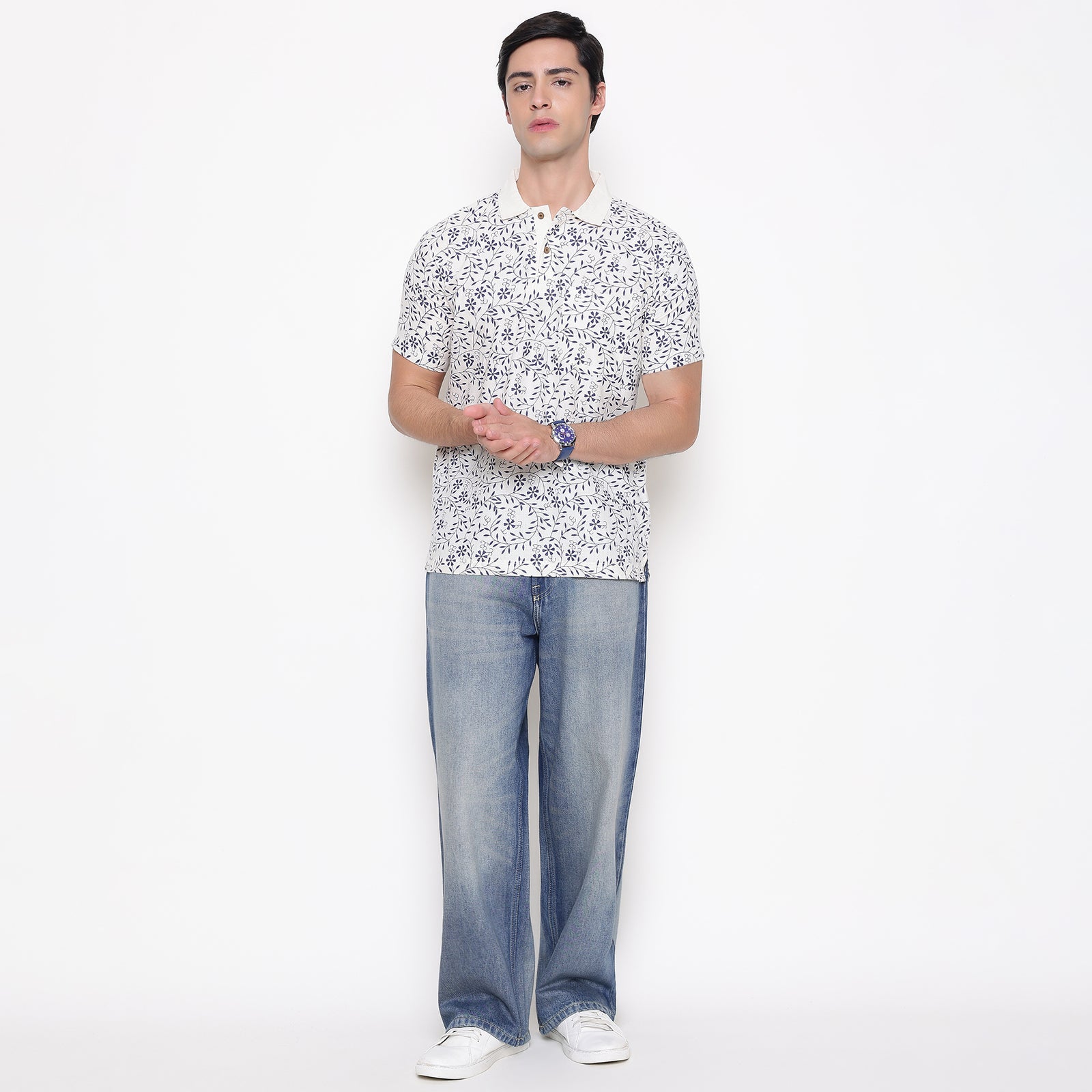 Men Printed 100% Kora Cotton Polo T-shirt | Regular Fit | Blue Printed