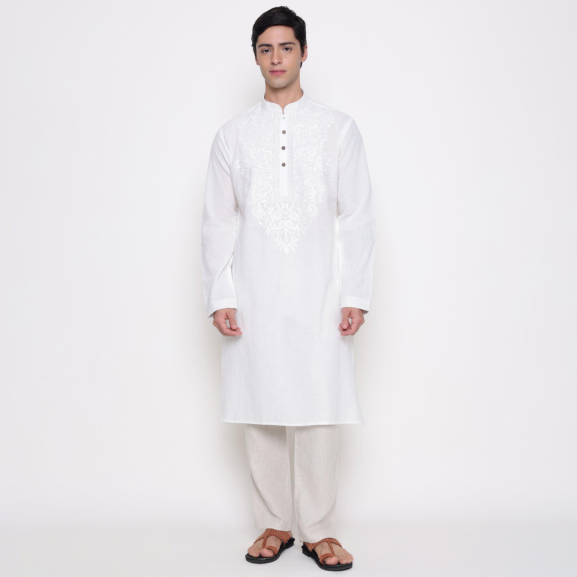 Men Embroidered Regular Fit 100% Kora Cotton Kurta Pyjama Set | White