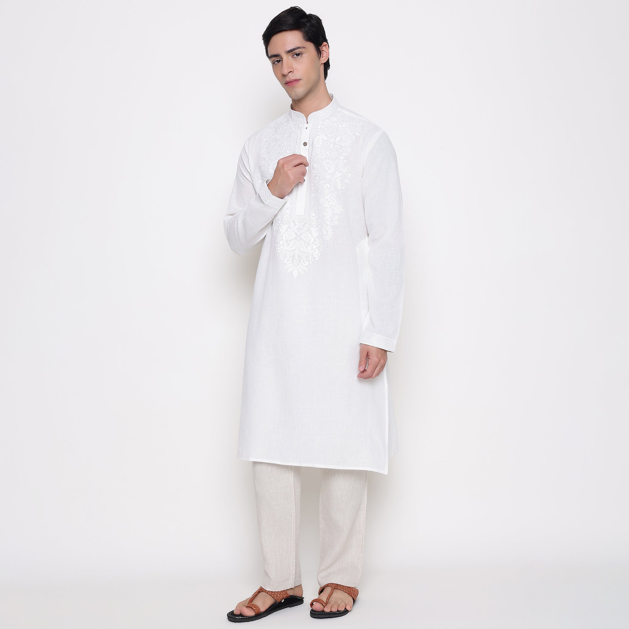 Men Embroidered Regular Fit 100% Kora Cotton Kurta Pyjama Set | White