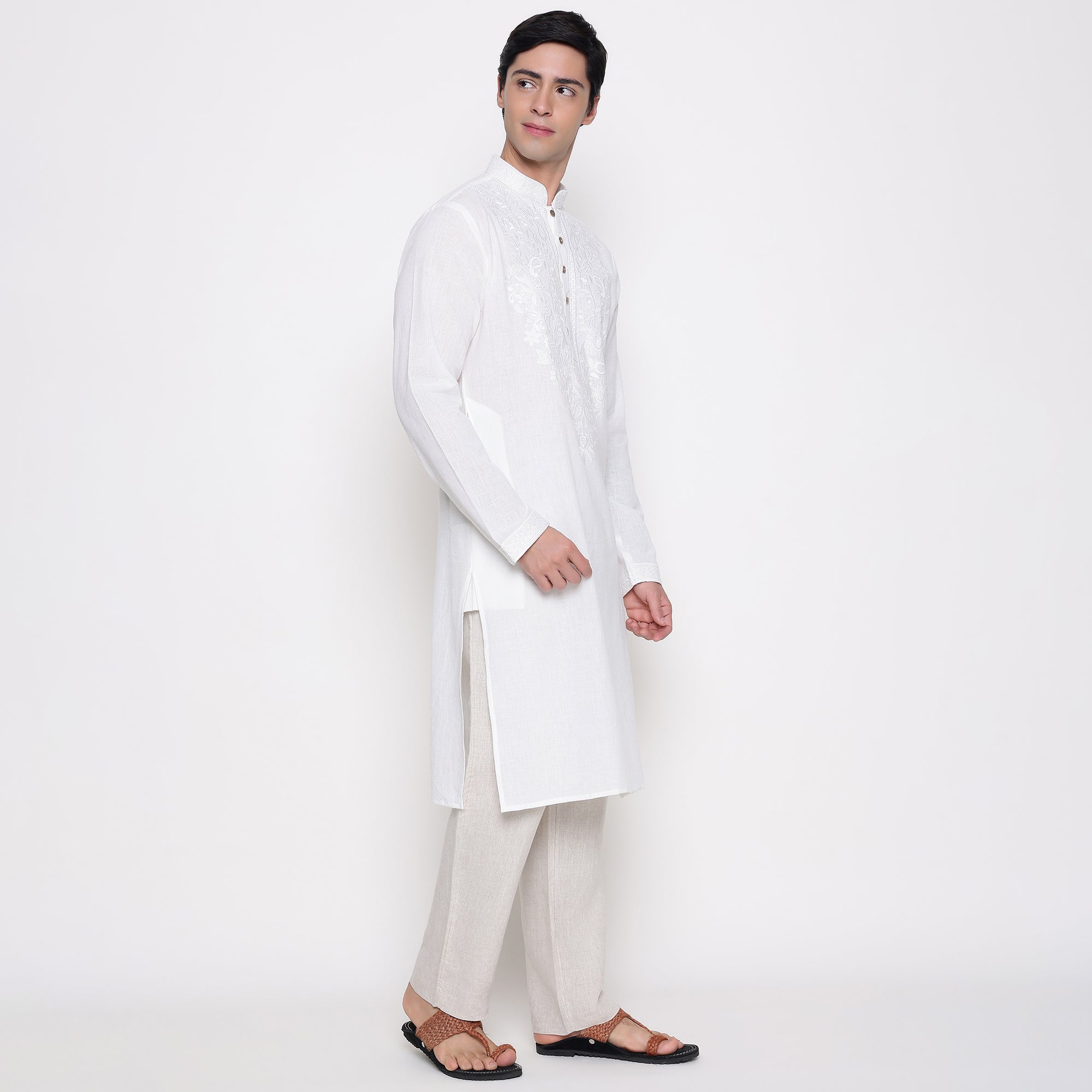 Men Embroidered Regular Fit 100% Kora Cotton Kurta Pyjama Set | White