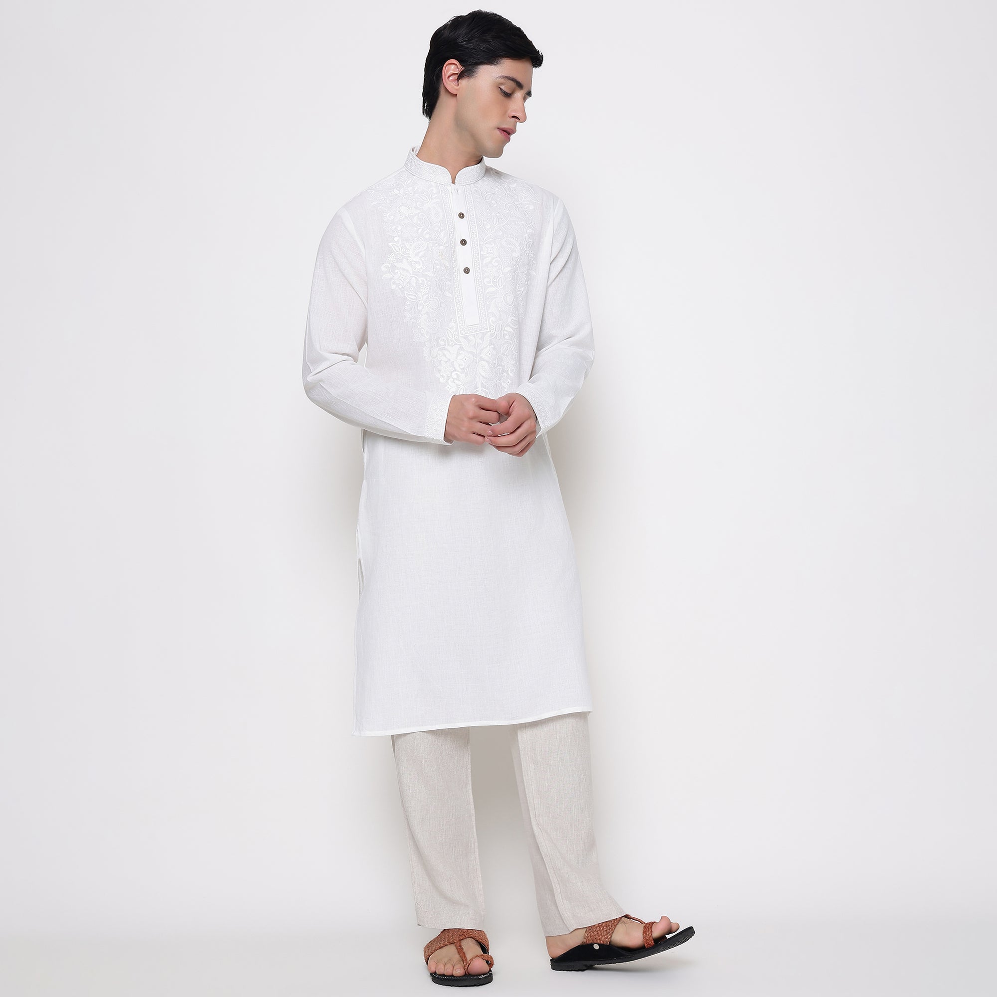 Men Embroidered Regular Fit 100% Kora Cotton Kurta Pyjama Set | White