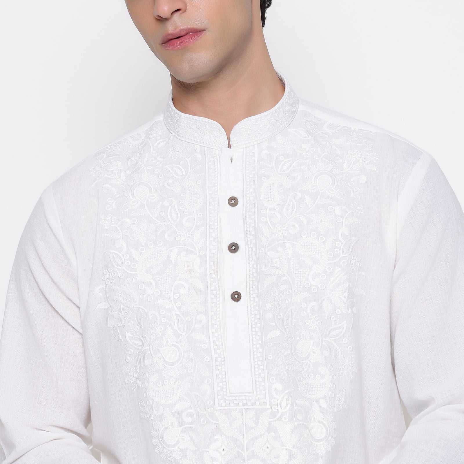 Men Embroidered Regular Fit 100% Kora Cotton Kurta Pyjama Set | White