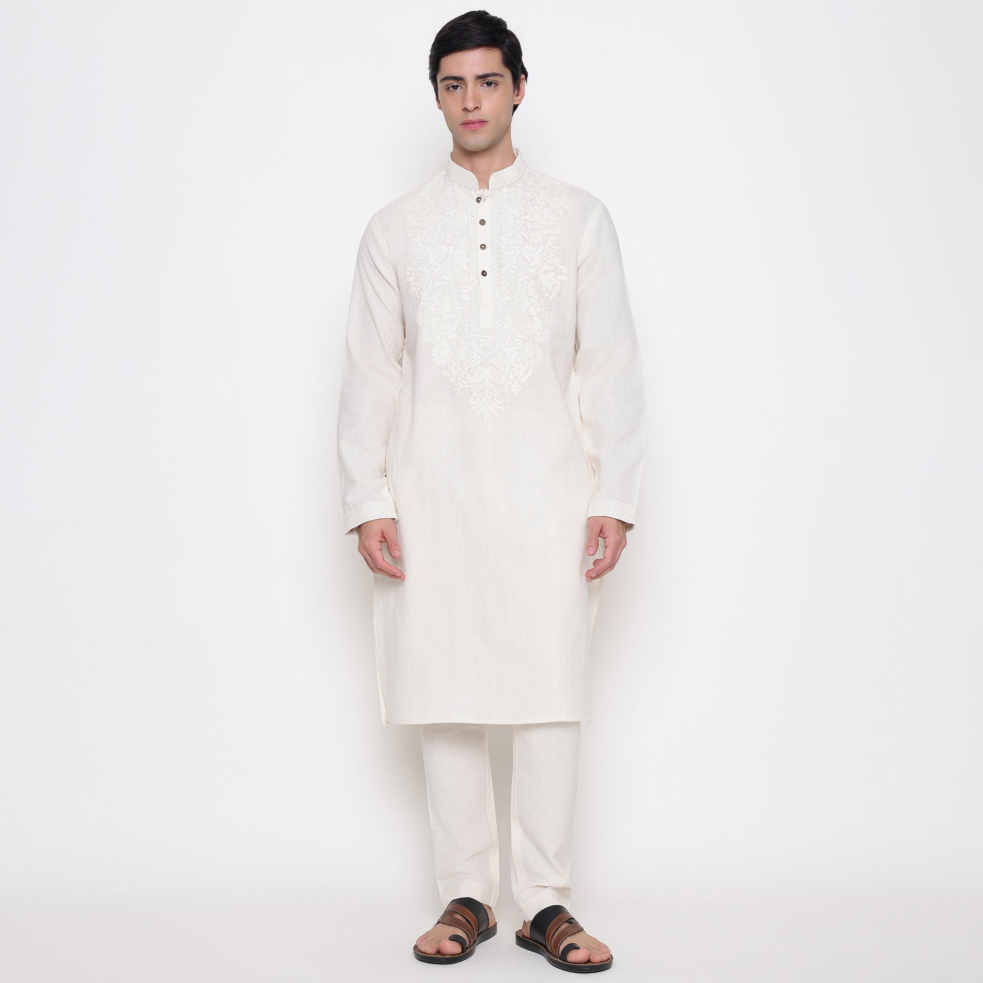 Men Embroidered Regular Fit 100% Kora Cotton Kurta Pyjama Set | Off White