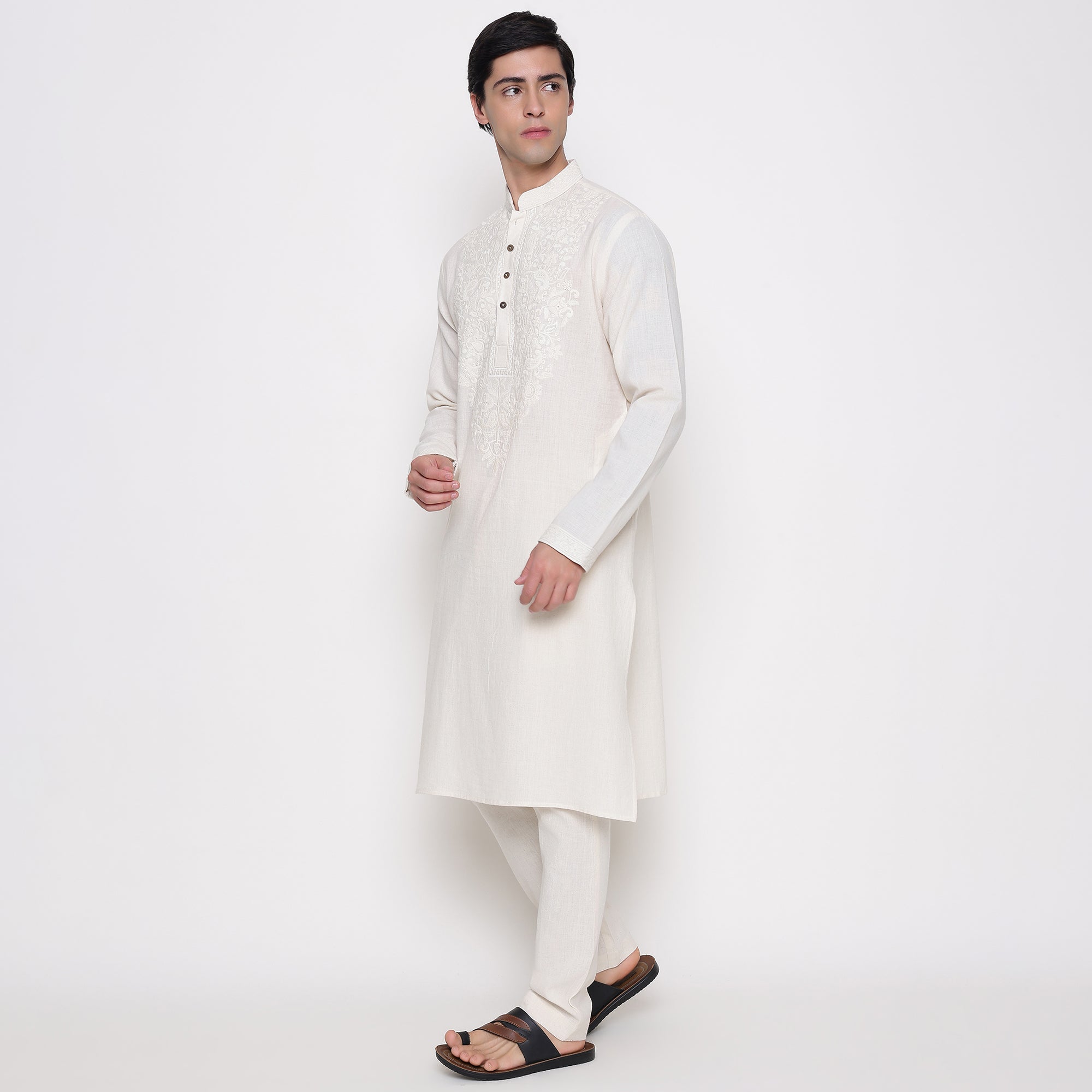 Men Embroidered Regular Fit 100% Kora Cotton Kurta Pyjama Set | Off White