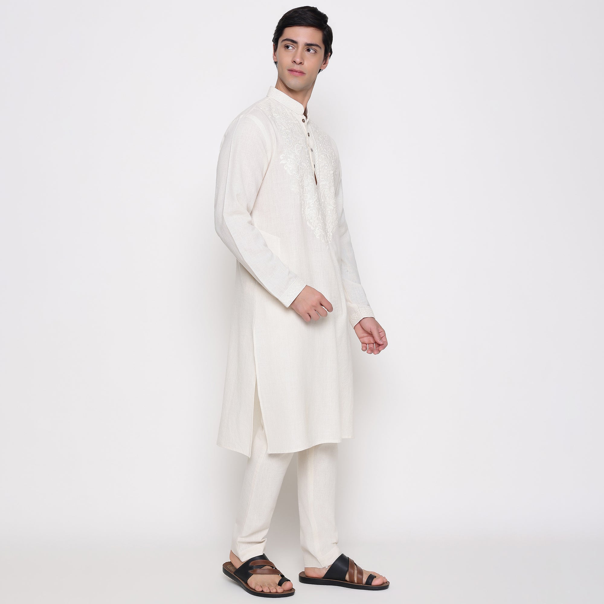 Men Embroidered Regular Fit 100% Kora Cotton Kurta Pyjama Set | Off White