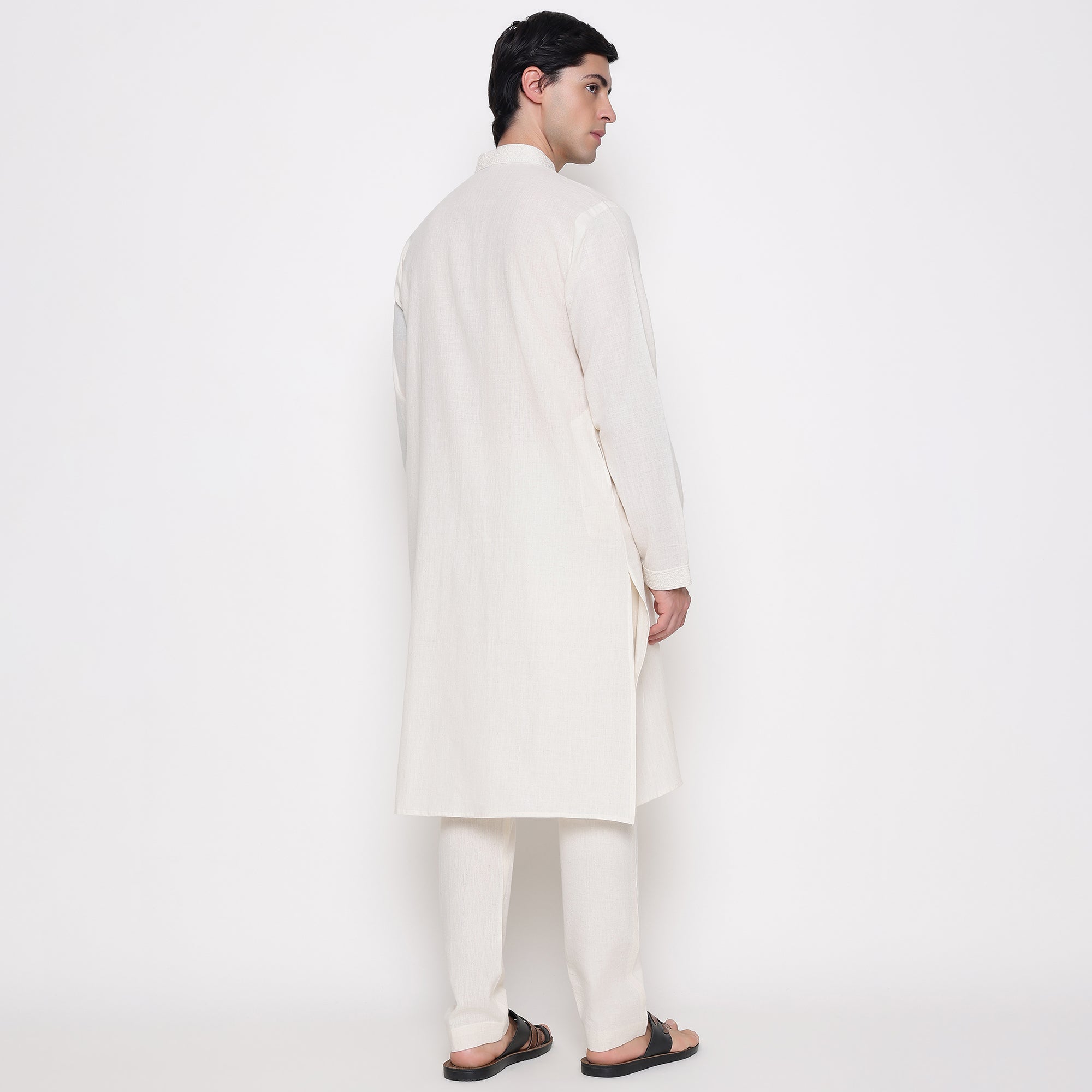 Men Embroidered Regular Fit 100% Kora Cotton Kurta Pyjama Set | Off White