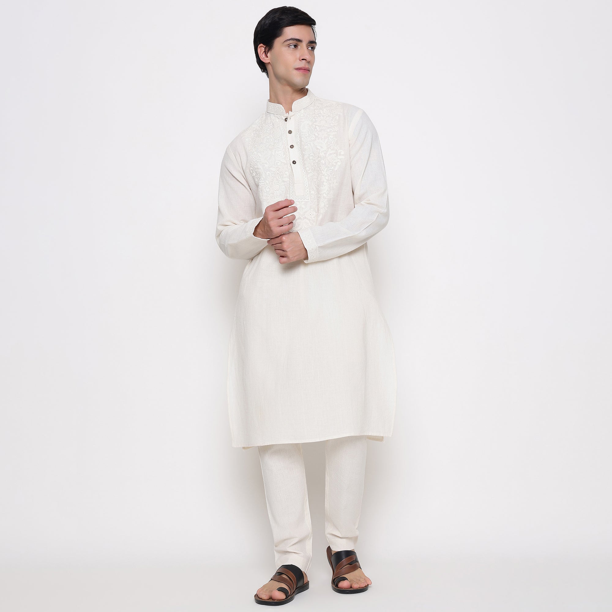Men Embroidered Regular Fit 100% Kora Cotton Kurta Pyjama Set | Off White