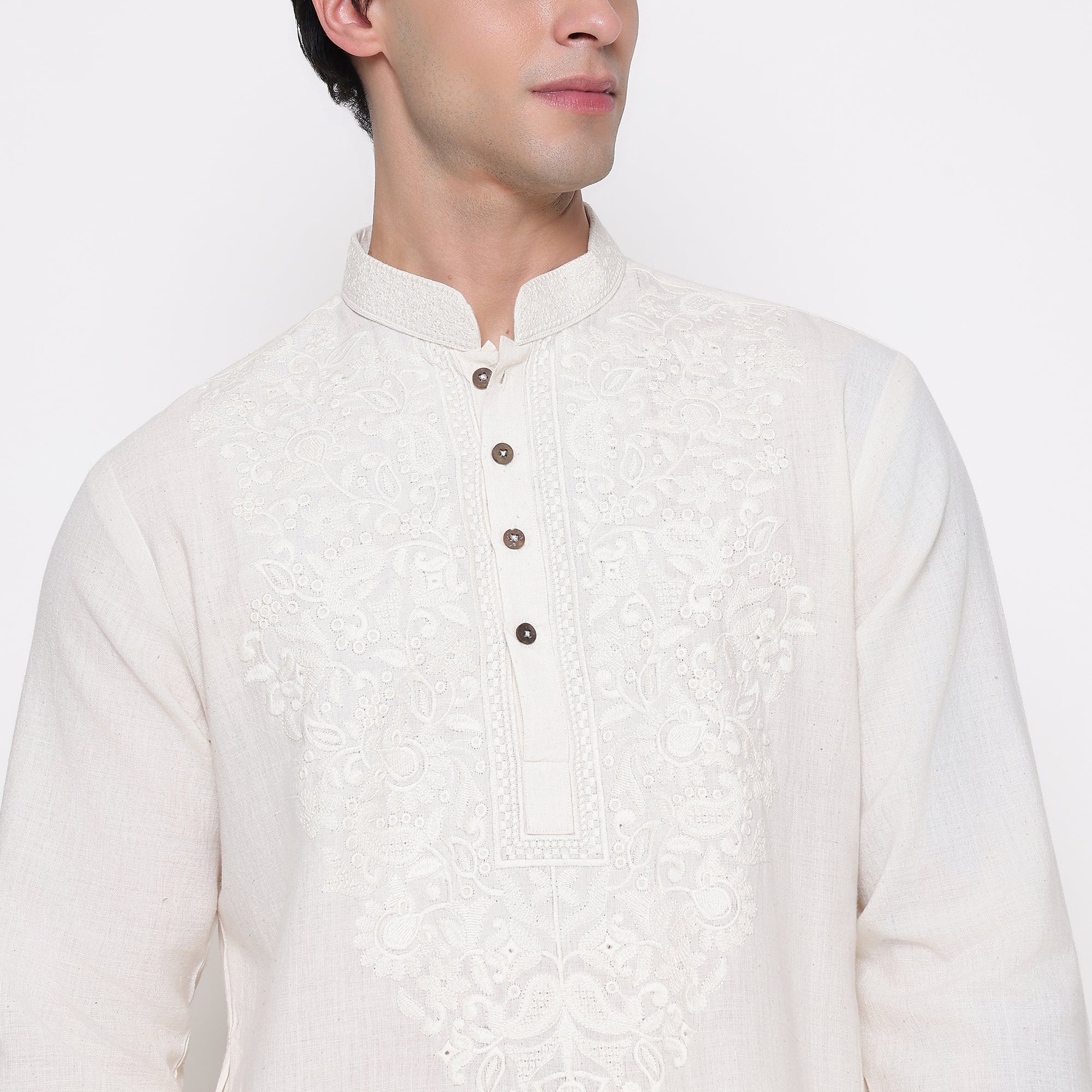 Men Embroidered Regular Fit 100% Kora Cotton Kurta Pyjama Set | Off White