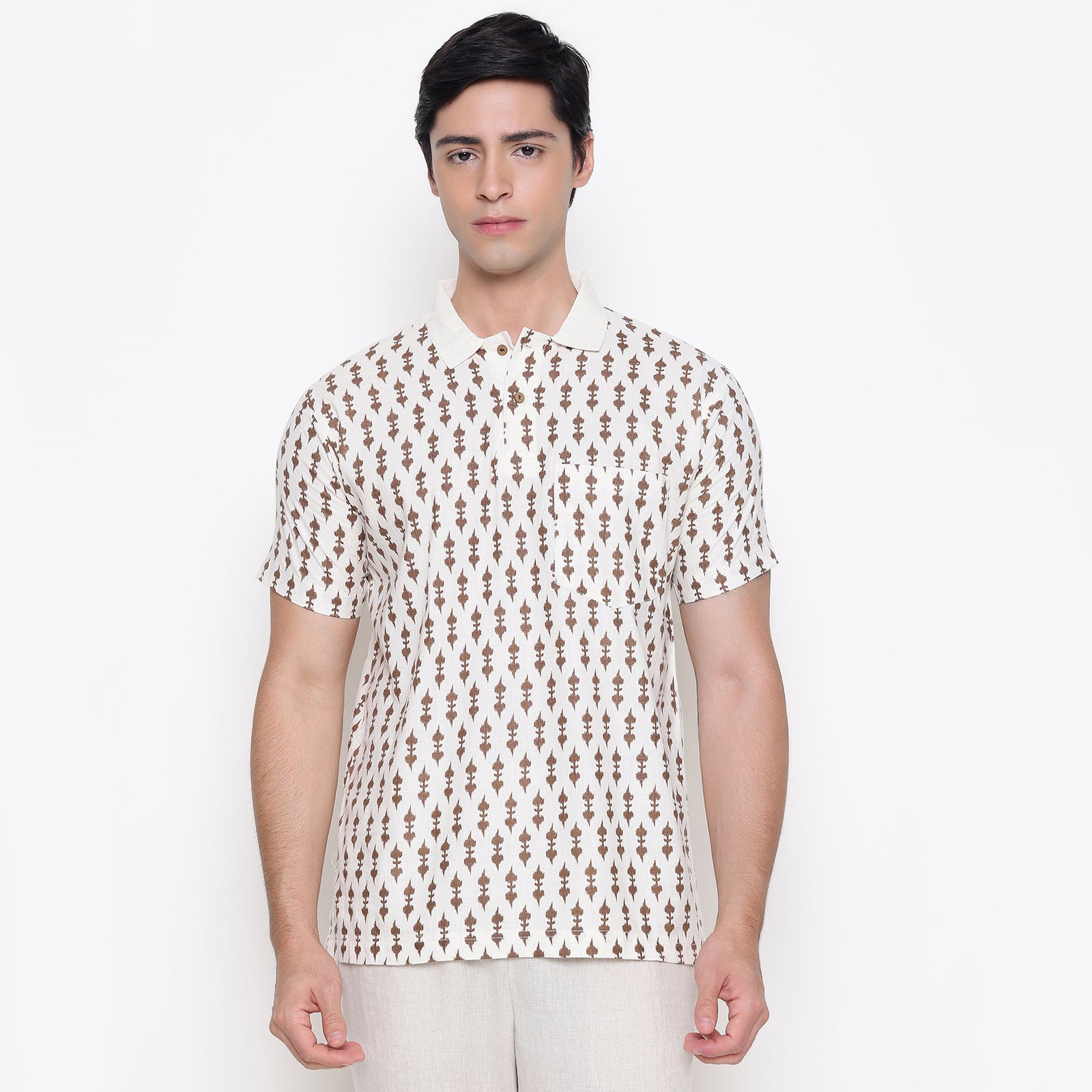 Men Printed 100% Kora Cotton Polo T-shirt | Regular Fit | White Yellow