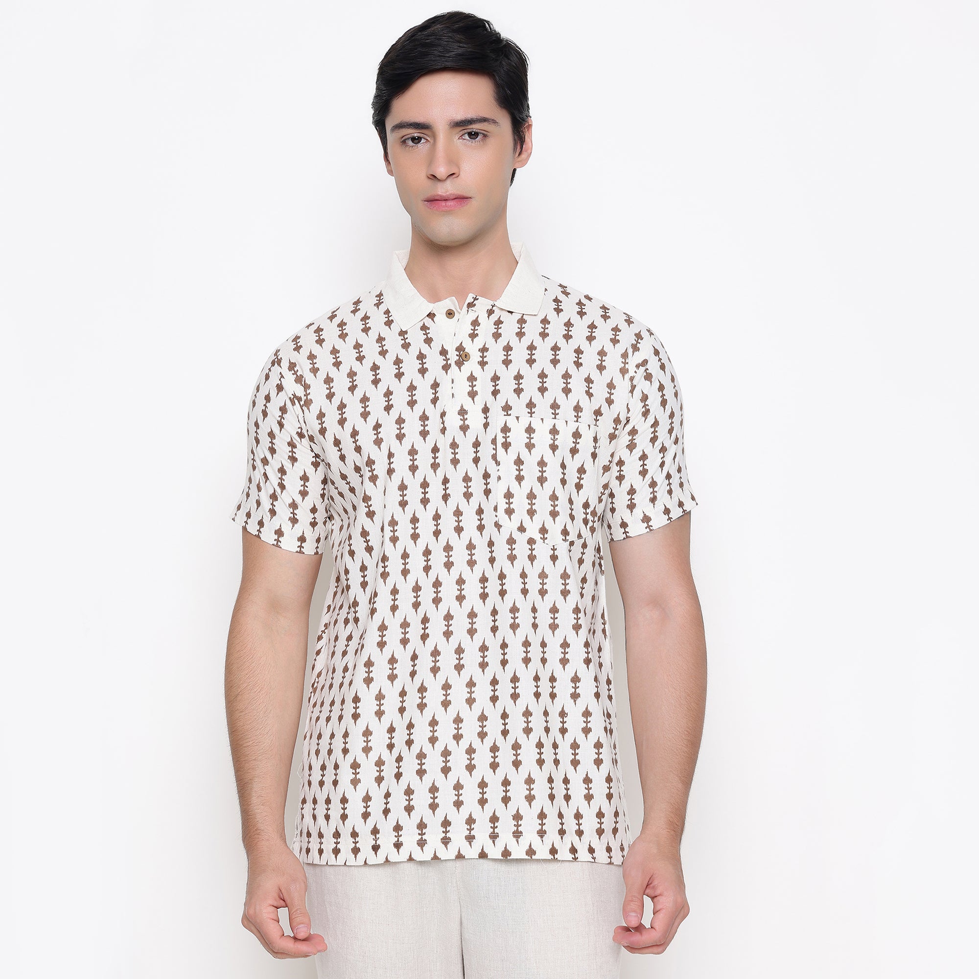 Men Printed 100% Kora Cotton Polo T-shirt | Regular Fit | White Yellow