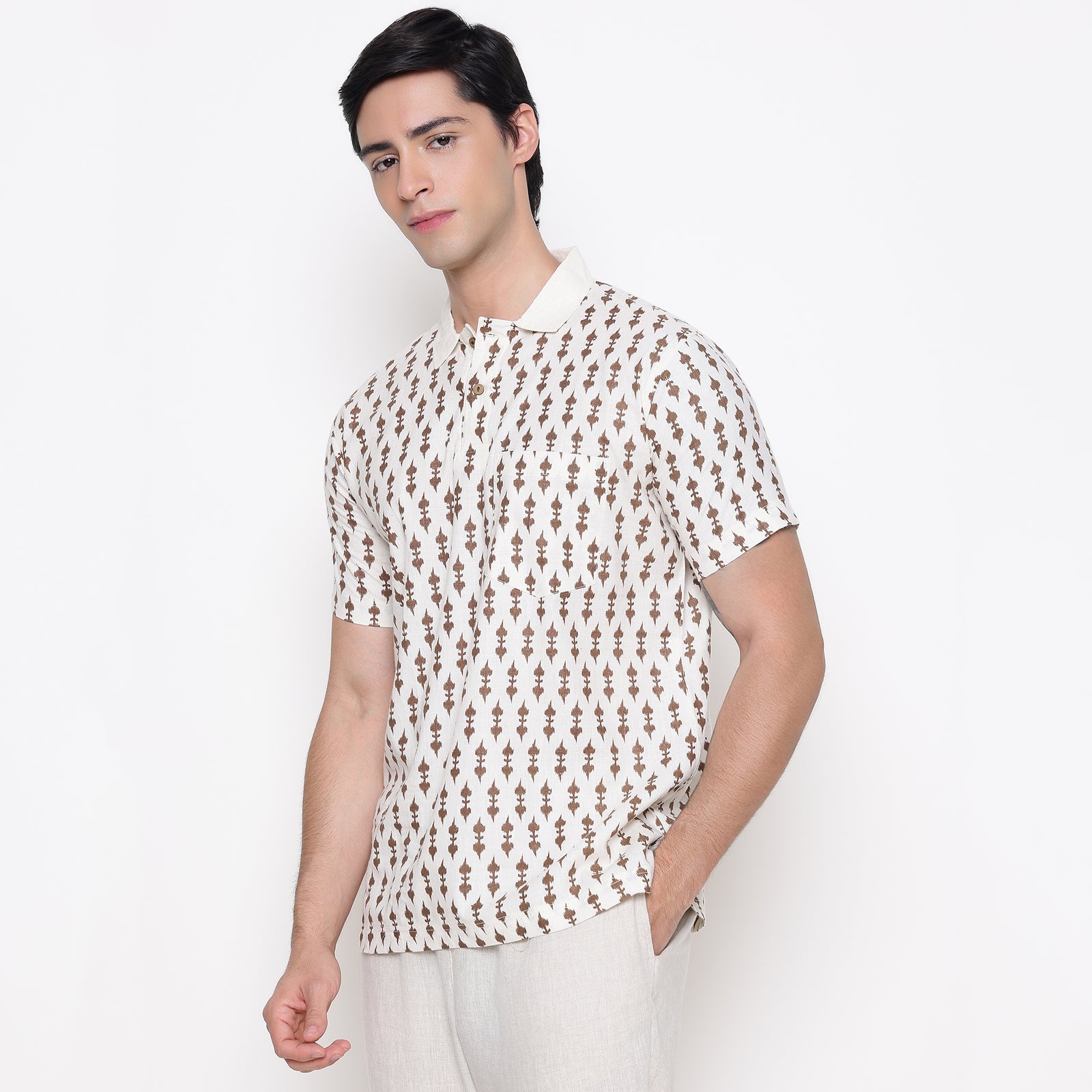 Men Printed 100% Kora Cotton Polo T-shirt | Regular Fit | White Yellow