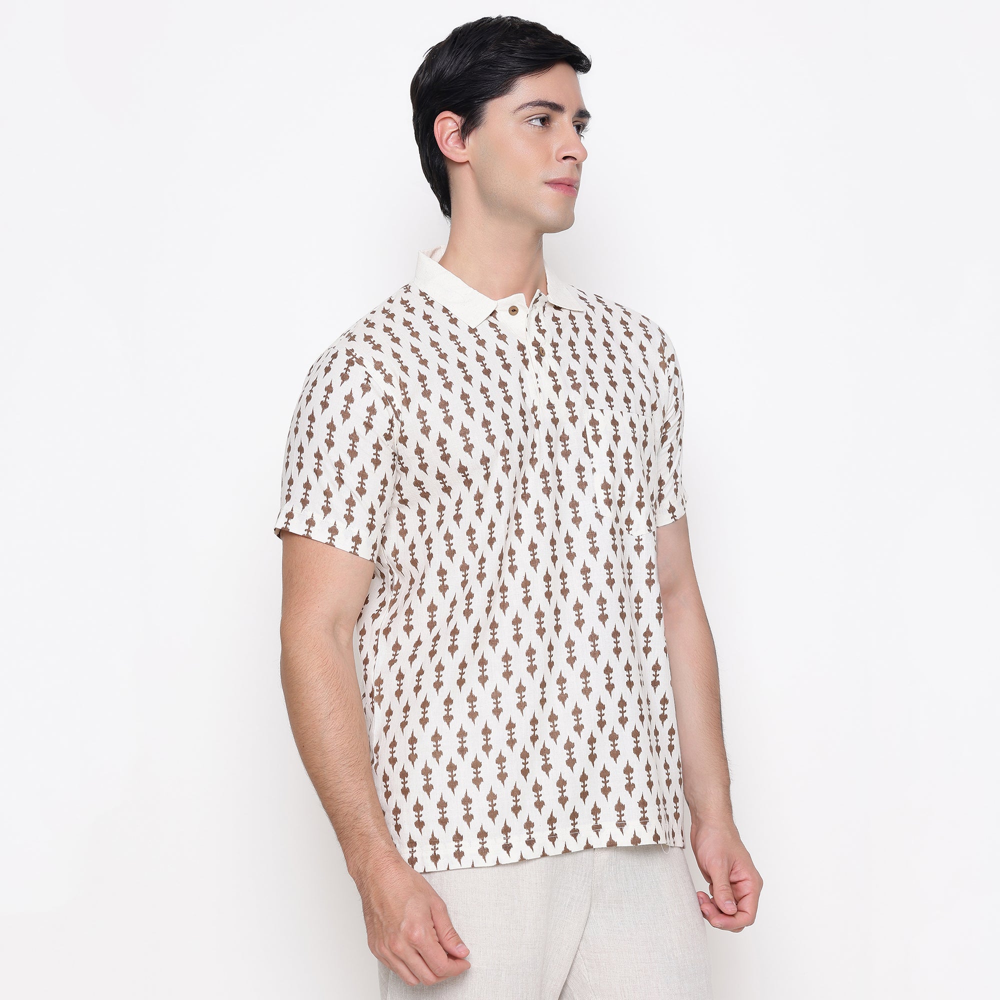 Men Printed 100% Kora Cotton Polo T-shirt | Regular Fit | White Yellow
