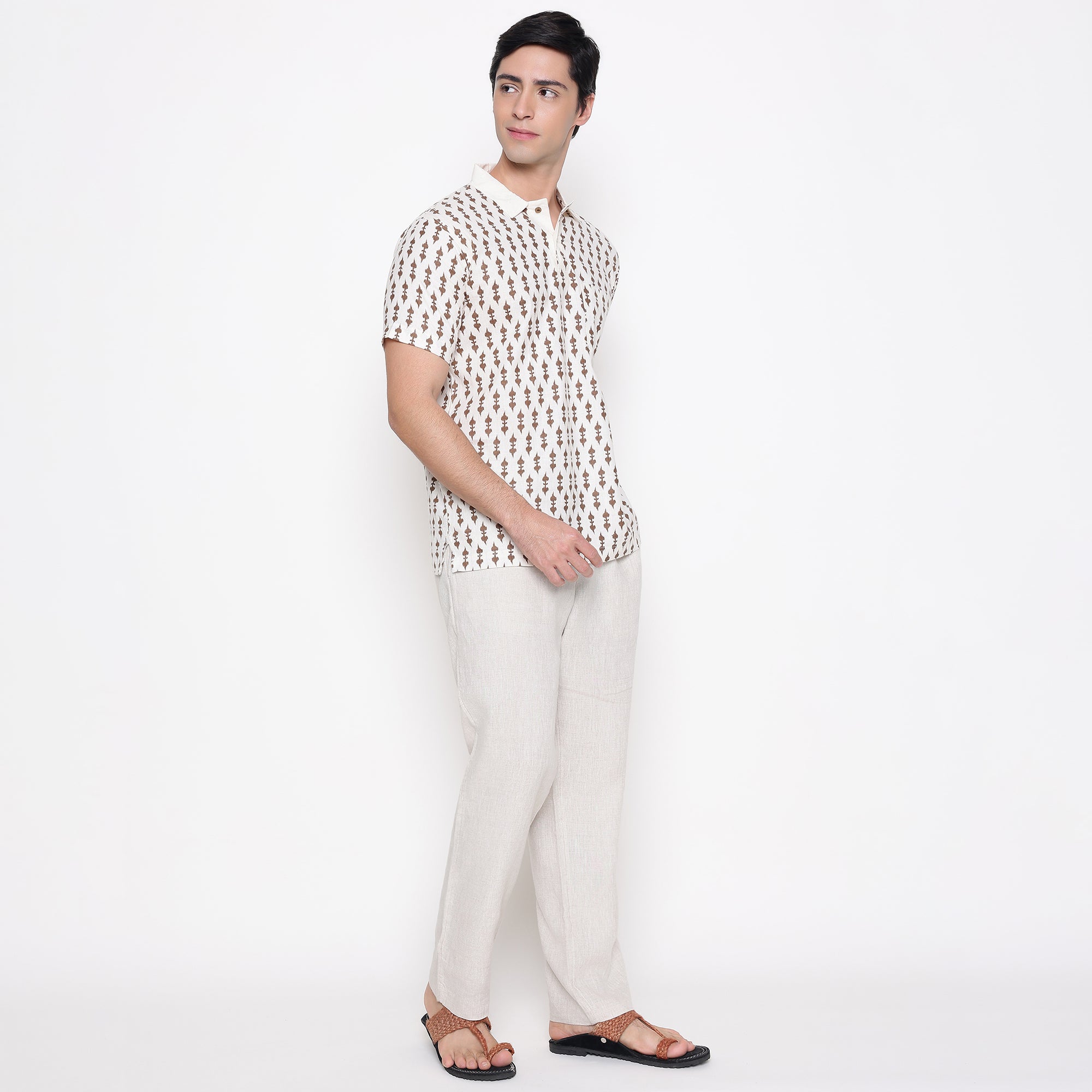 Men Printed 100% Kora Cotton Polo T-shirt | Regular Fit | White Yellow