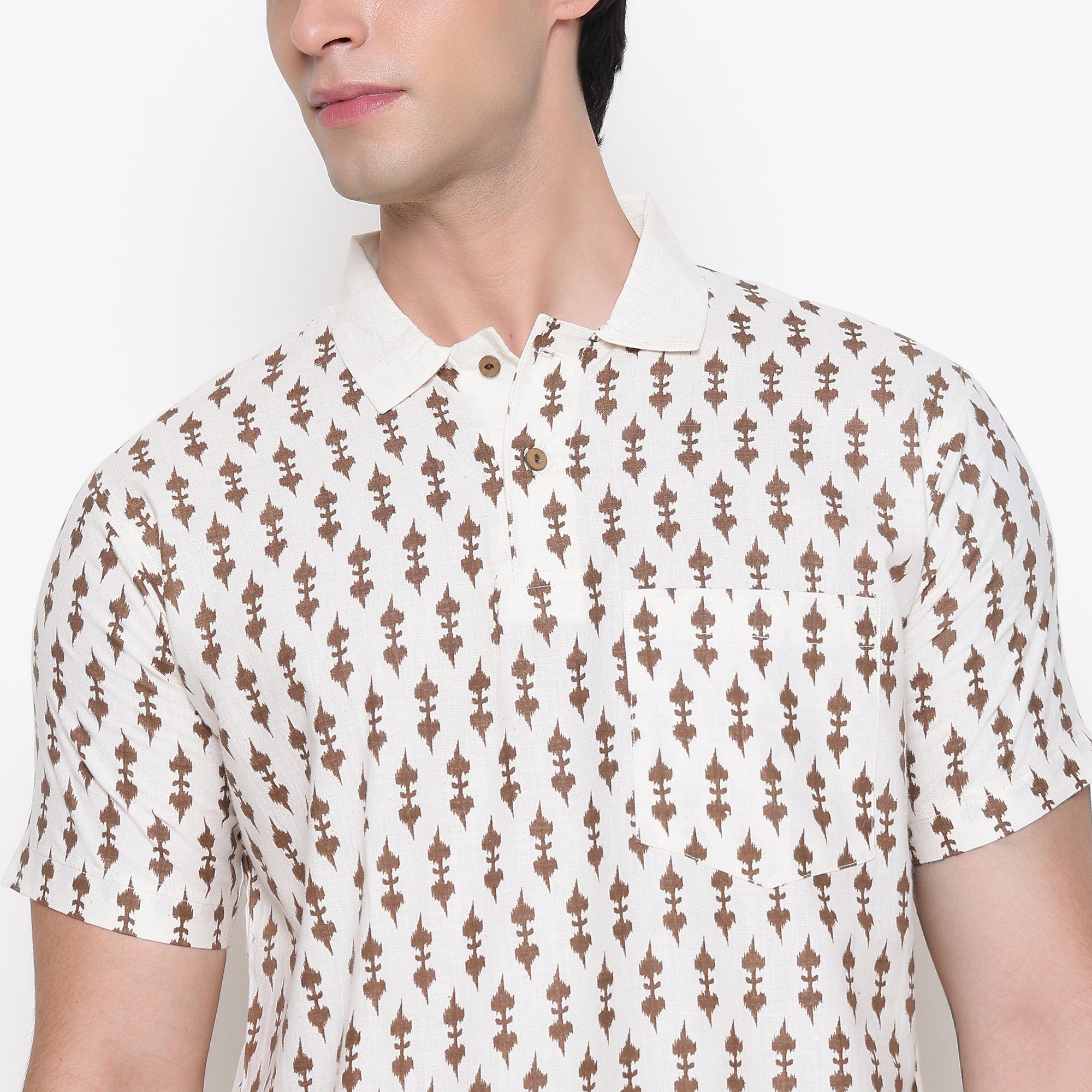 Men Printed 100% Kora Cotton Polo T-shirt | Regular Fit | White Yellow