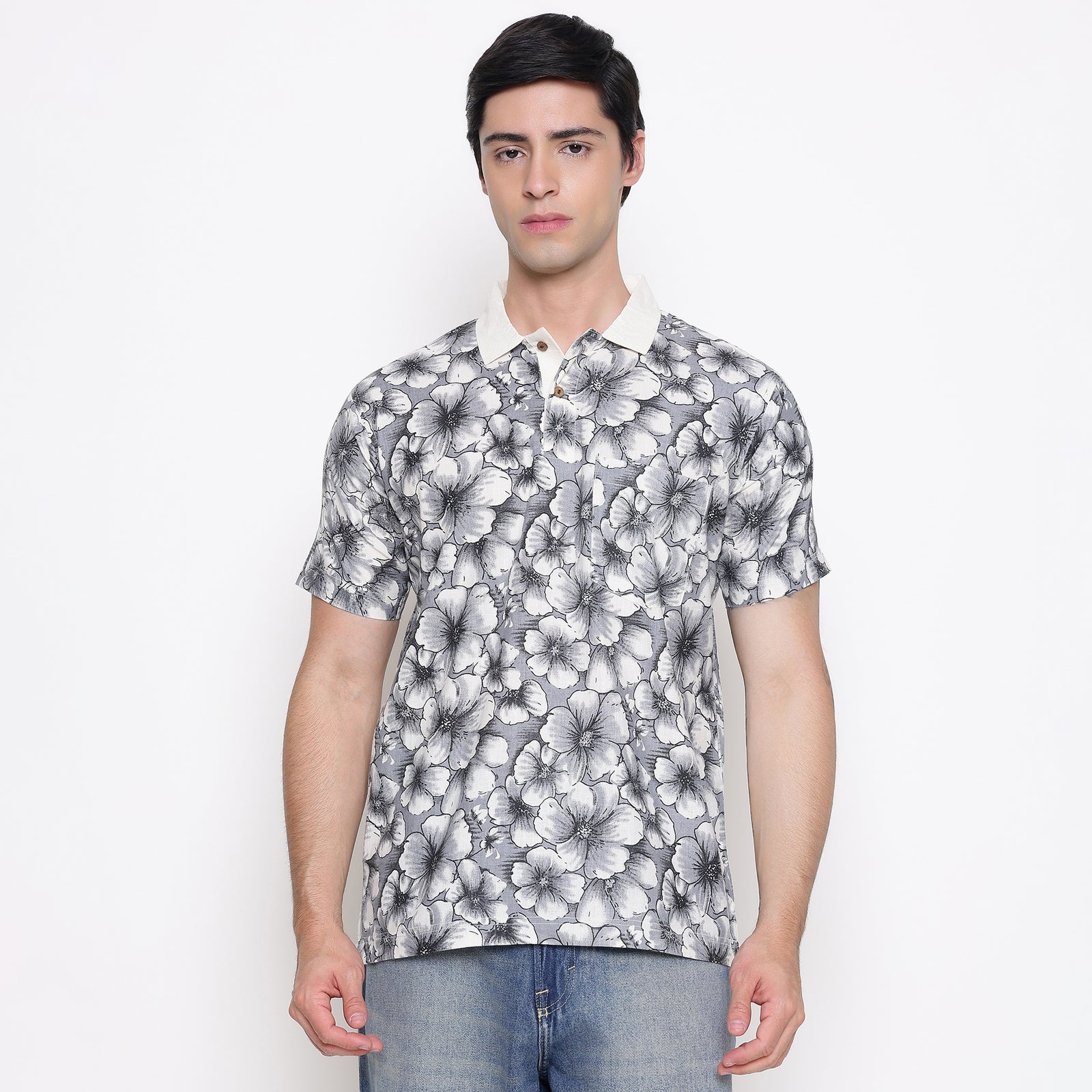 Men Printed 100% Kora Cotton Polo T-shirt | Regular Fit | Black Floral