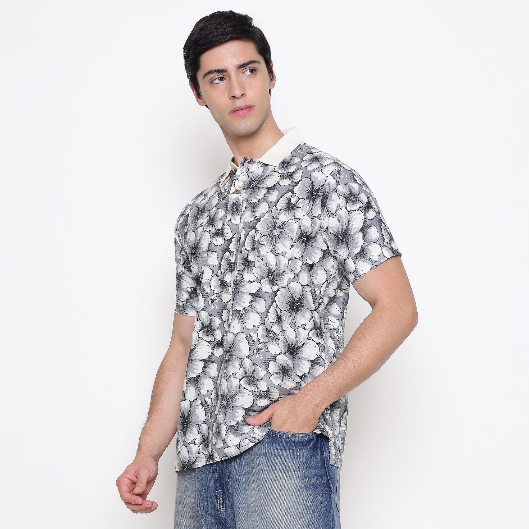 Men Printed 100% Kora Cotton Polo T-shirt | Regular Fit | Black Floral