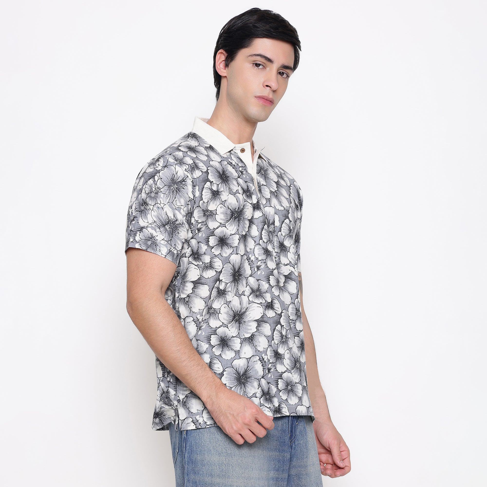 Men Printed 100% Kora Cotton Polo T-shirt | Regular Fit | Black Floral