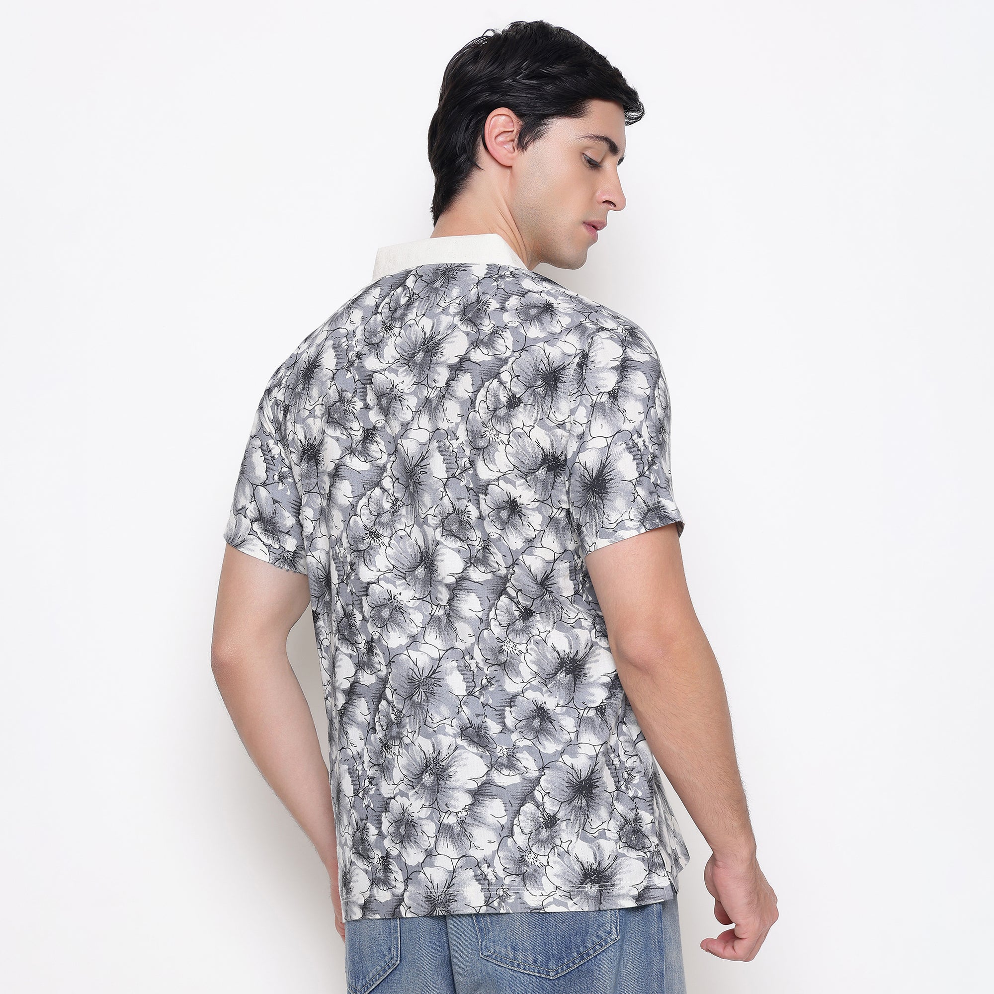Men Printed 100% Kora Cotton Polo T-shirt | Regular Fit | Black Floral