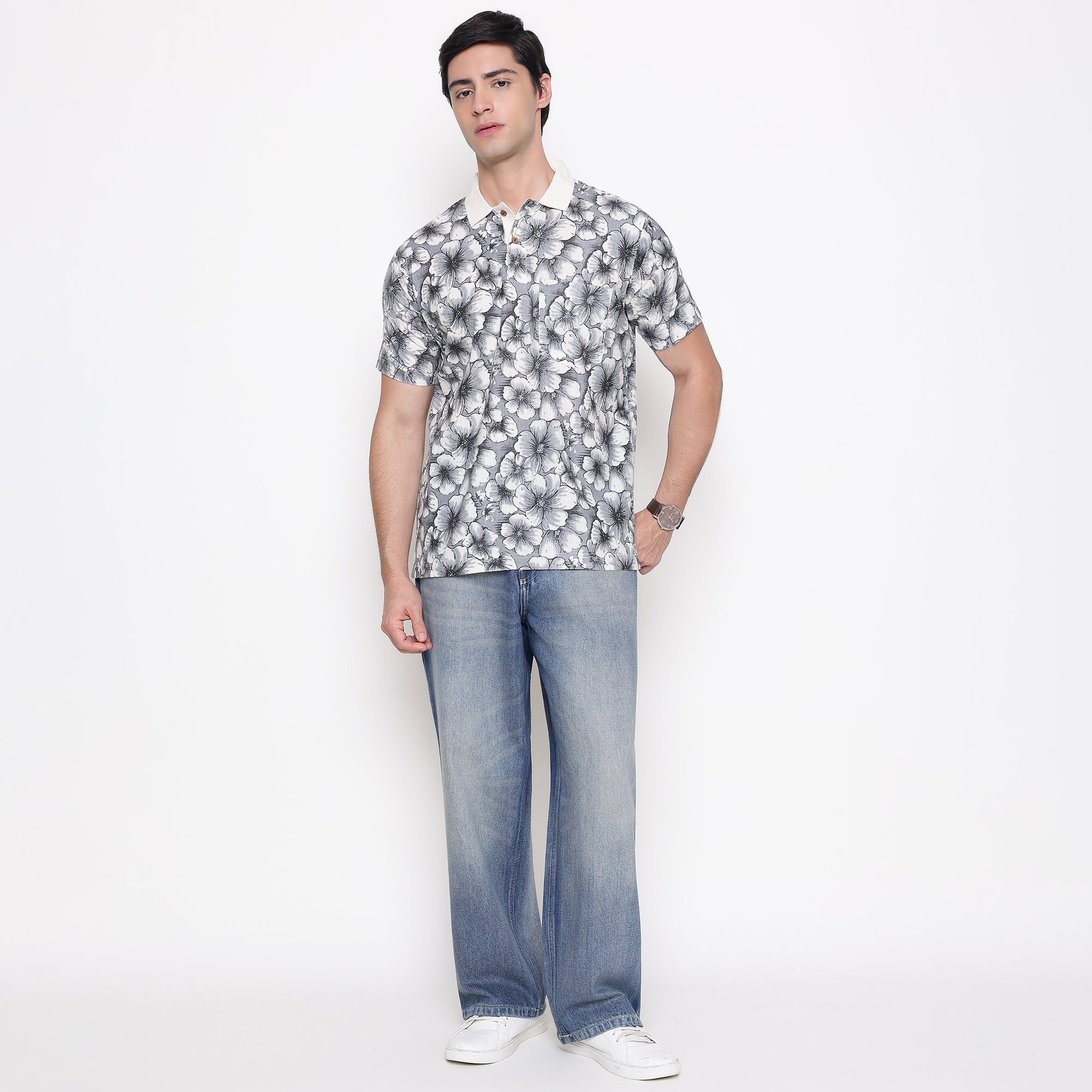 Men Printed 100% Kora Cotton Polo T-shirt | Regular Fit | Black Floral