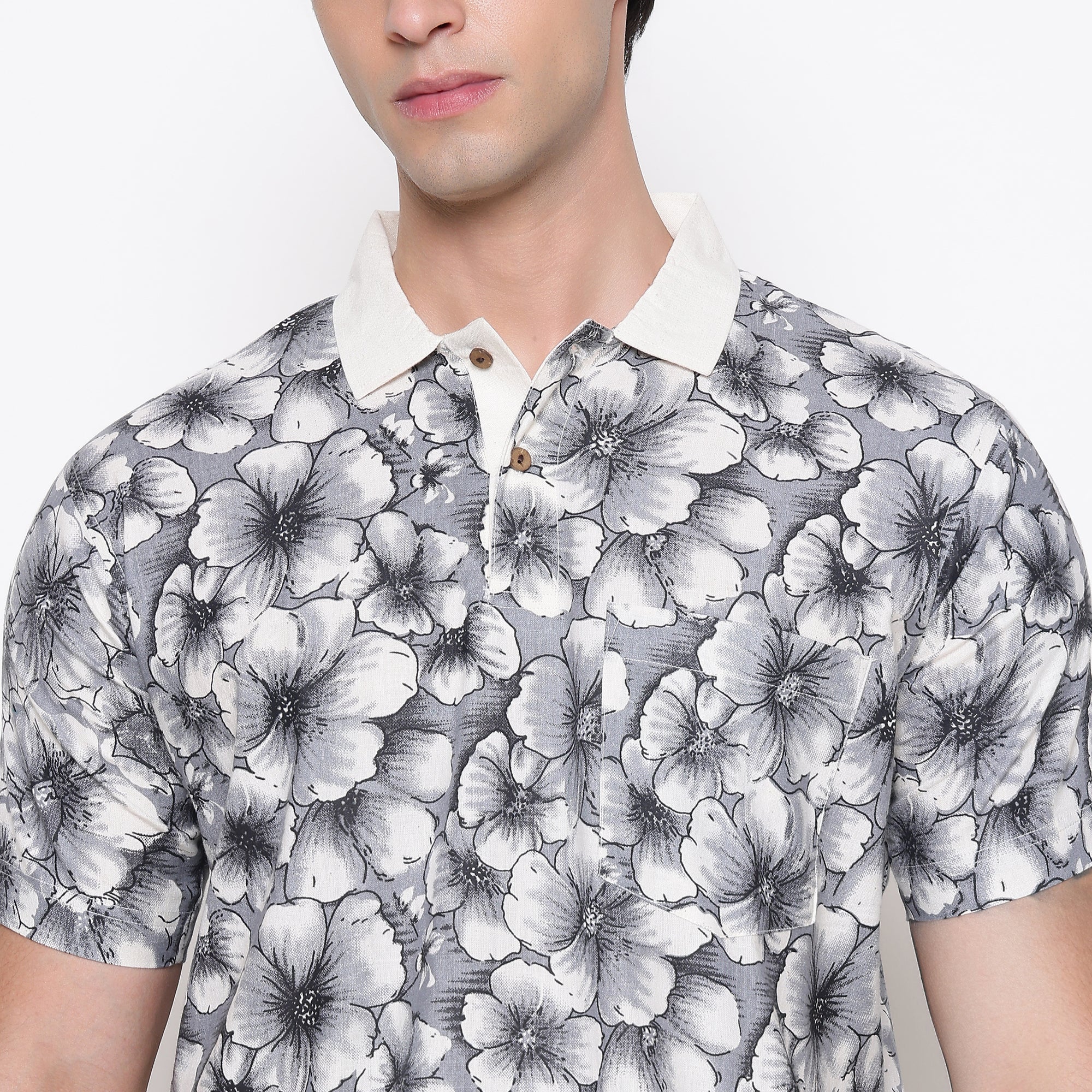 Men Printed 100% Kora Cotton Polo T-shirt | Regular Fit | Black Floral