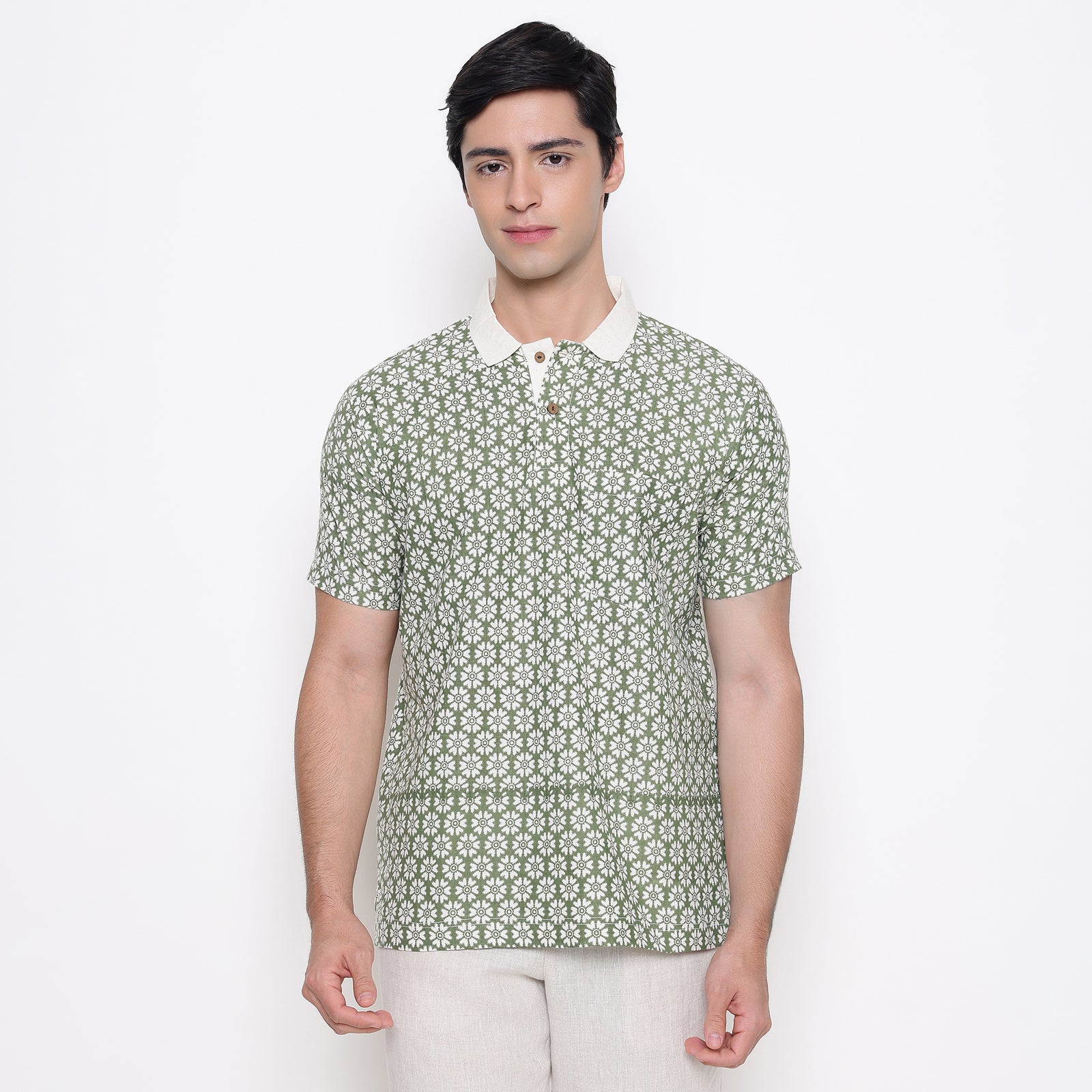 Men Printed 100% Kora Cotton Polo T-shirt | Regular Fit | Green White