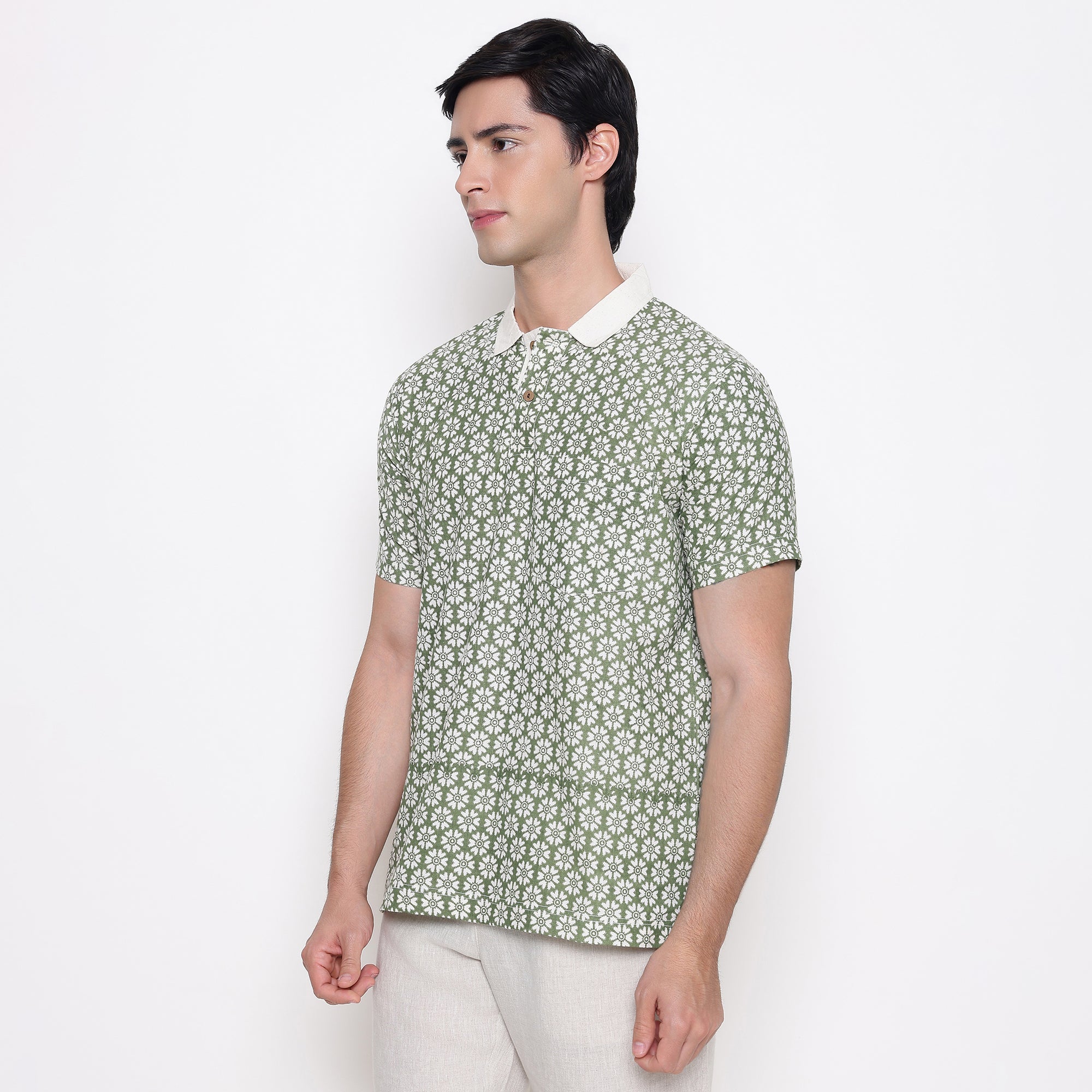 Men Printed 100% Kora Cotton Polo T-shirt | Regular Fit | Green White