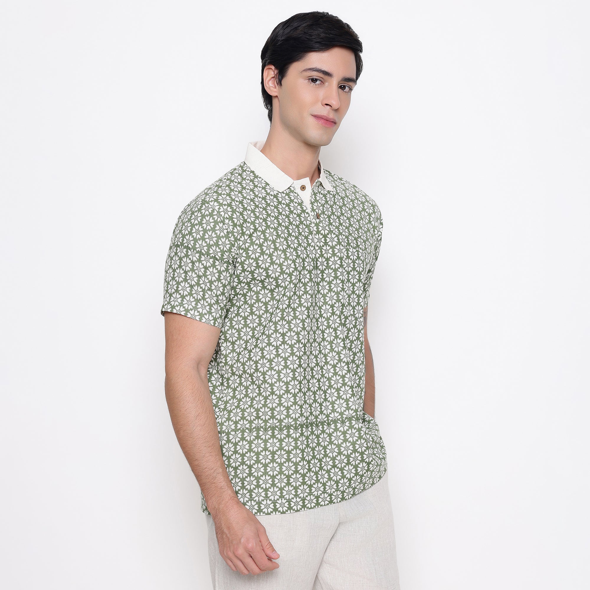 Men Printed 100% Kora Cotton Polo T-shirt | Regular Fit | Green White
