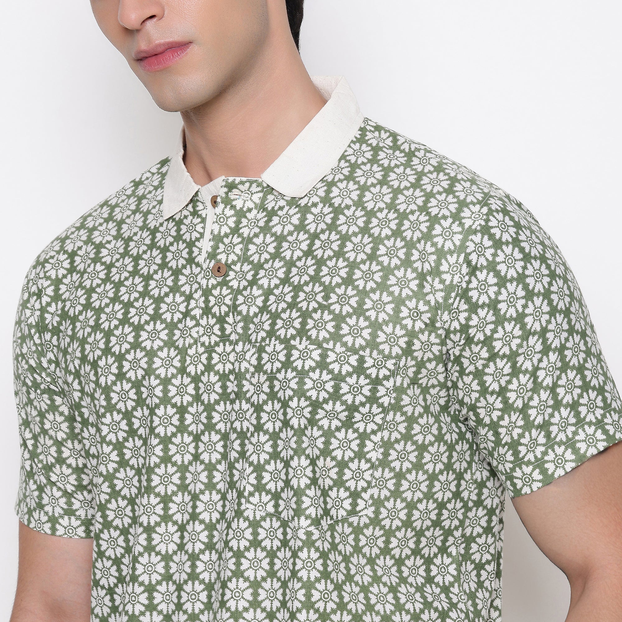 Men Printed 100% Kora Cotton Polo T-shirt | Regular Fit | Green White